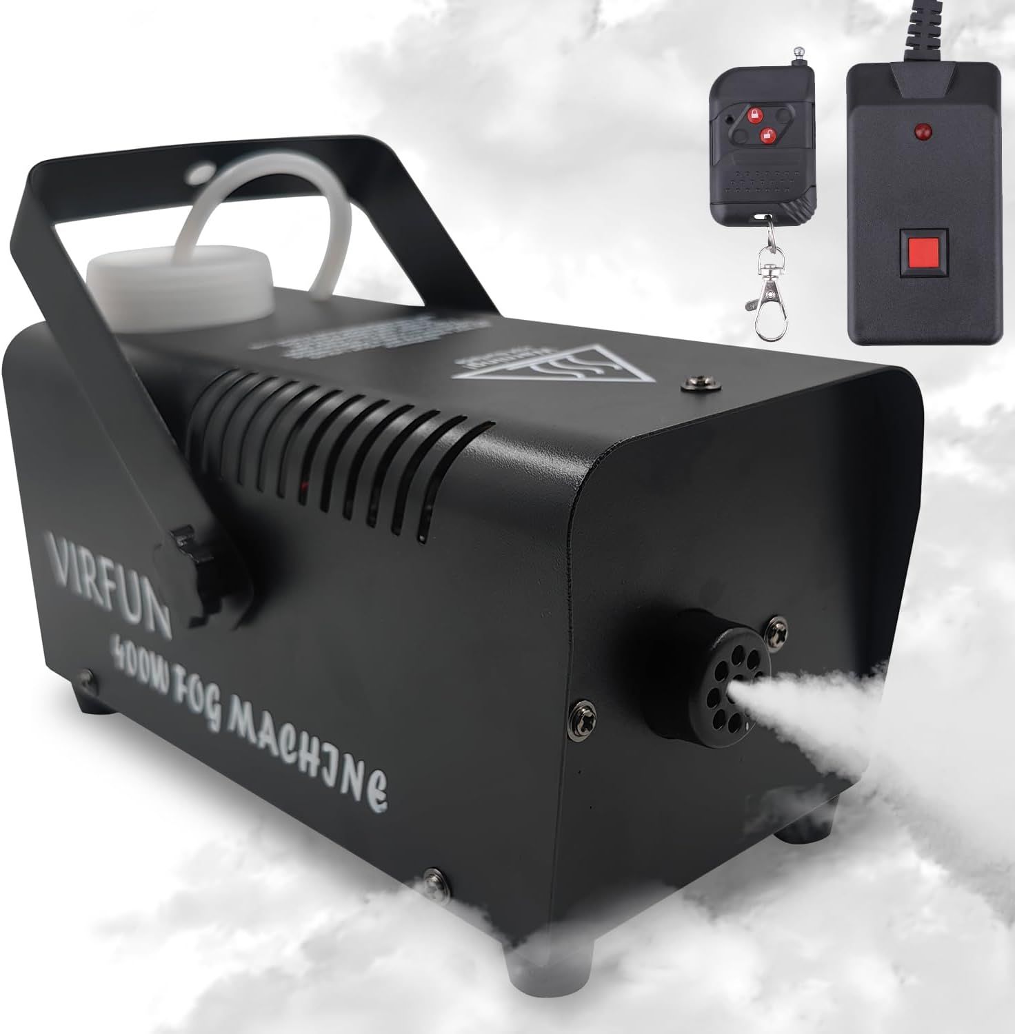 Shows the buyer exactly what is included in the purchase: the fog machine unit and two wireless remote controls for convenient operation.