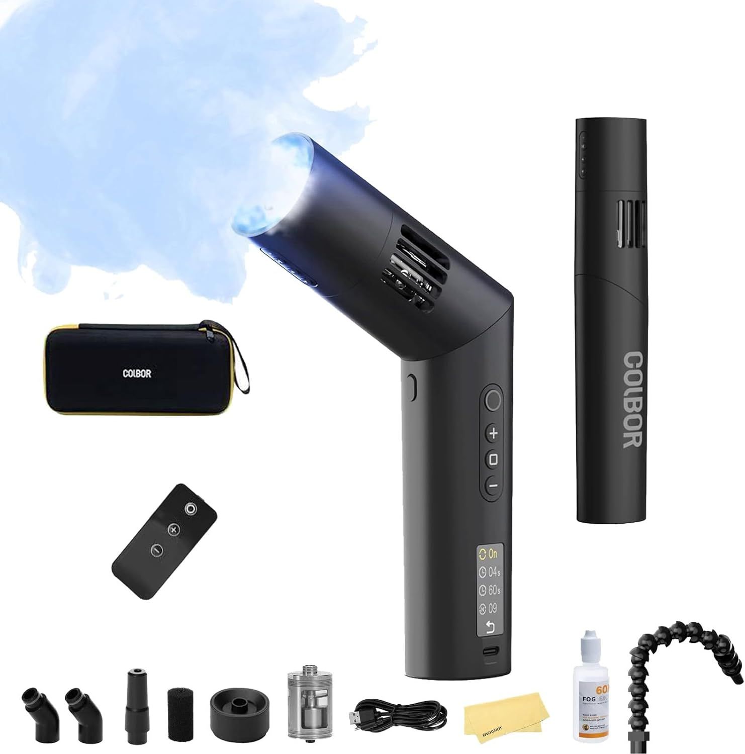Shows buyers exactly what they will receive in the box, including the main device, carrying case, remote control, various attachments, cleaning supplies, and charging cable.