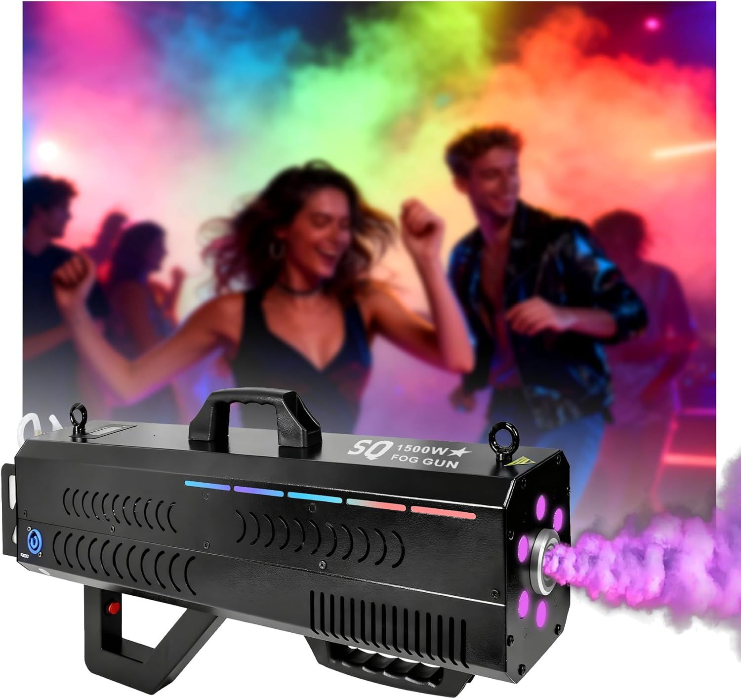 Demonstrates the fog machine in action at a party or event setting to show shoppers how the product creates atmosphere and enhances entertainment experiences.