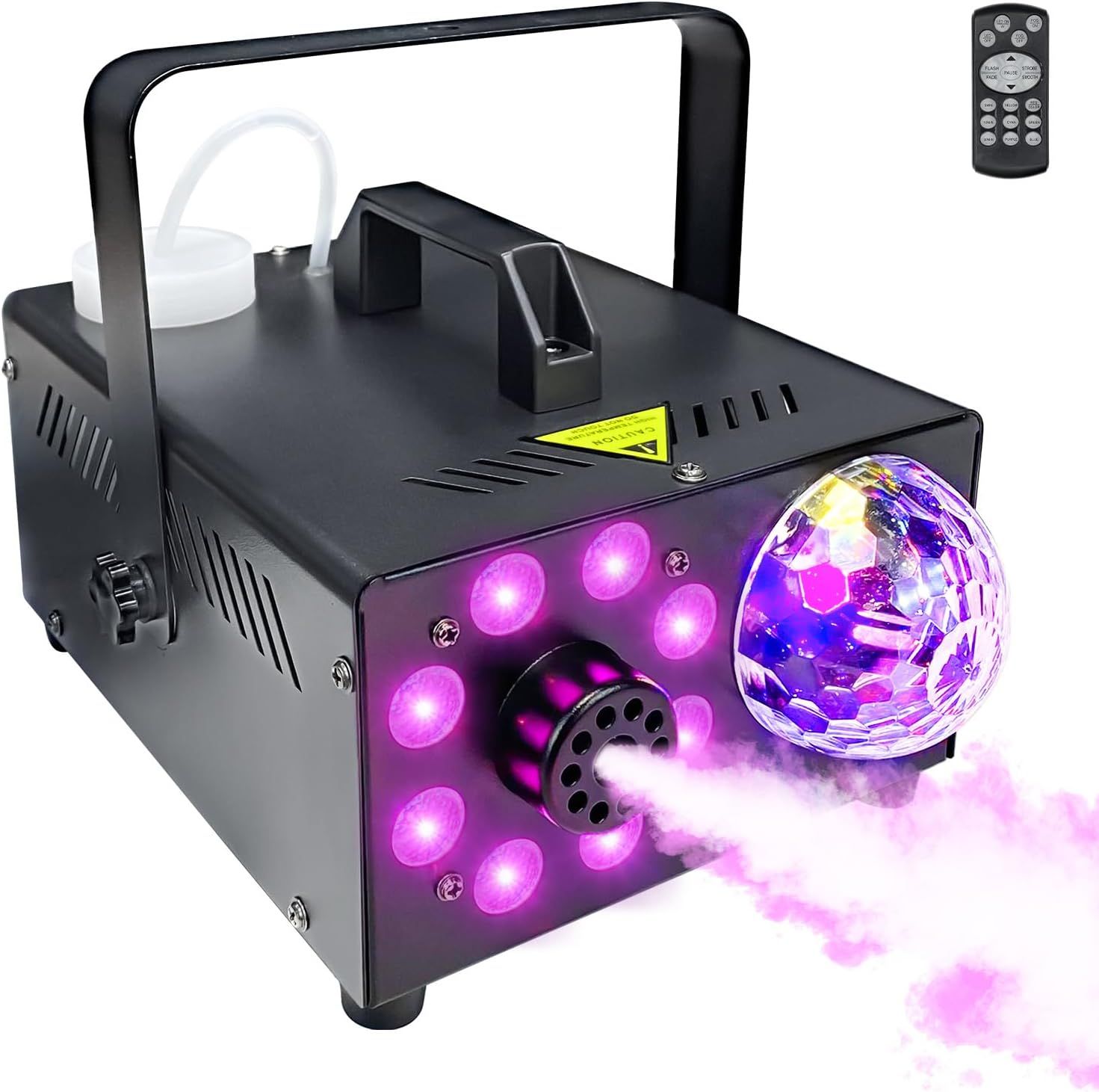 Shows the buyer exactly what is included in the purchase: the fog machine with lighting effects and the wireless remote control for convenient operation.