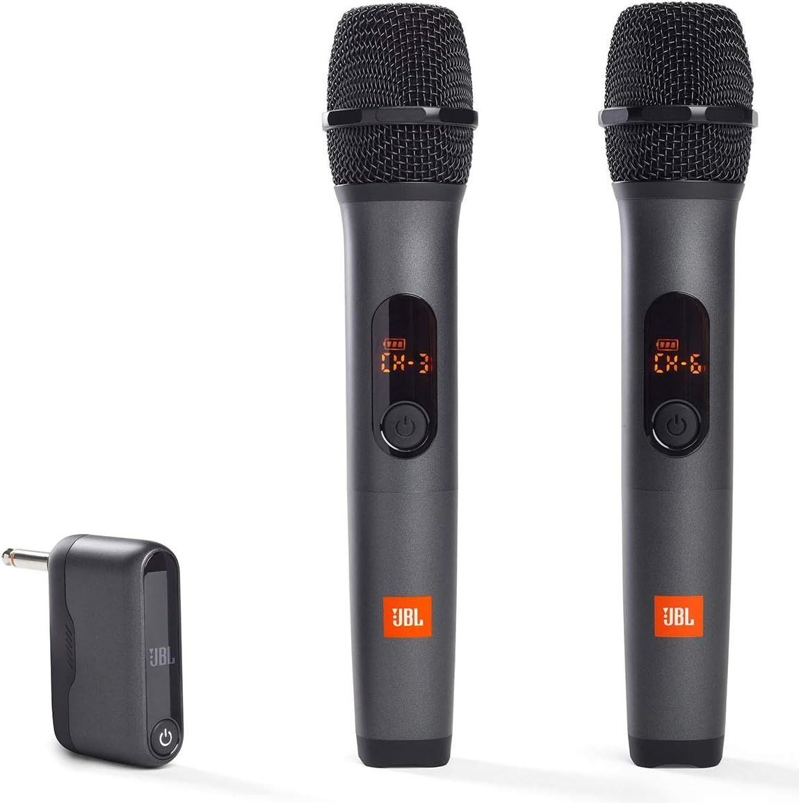 Shows buyers exactly what they will receive: two wireless microphones with digital displays and a wireless receiver unit, demonstrating the complete system included in the purchase.