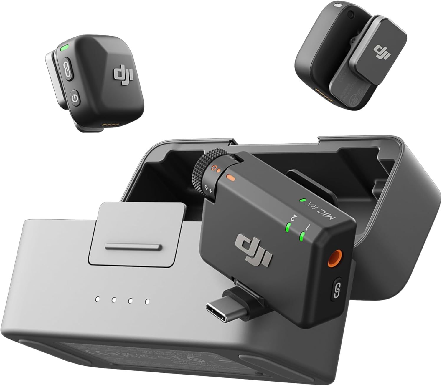 Shows all included components of the DJI wireless microphone system to communicate exactly what the buyer will receive in the package.