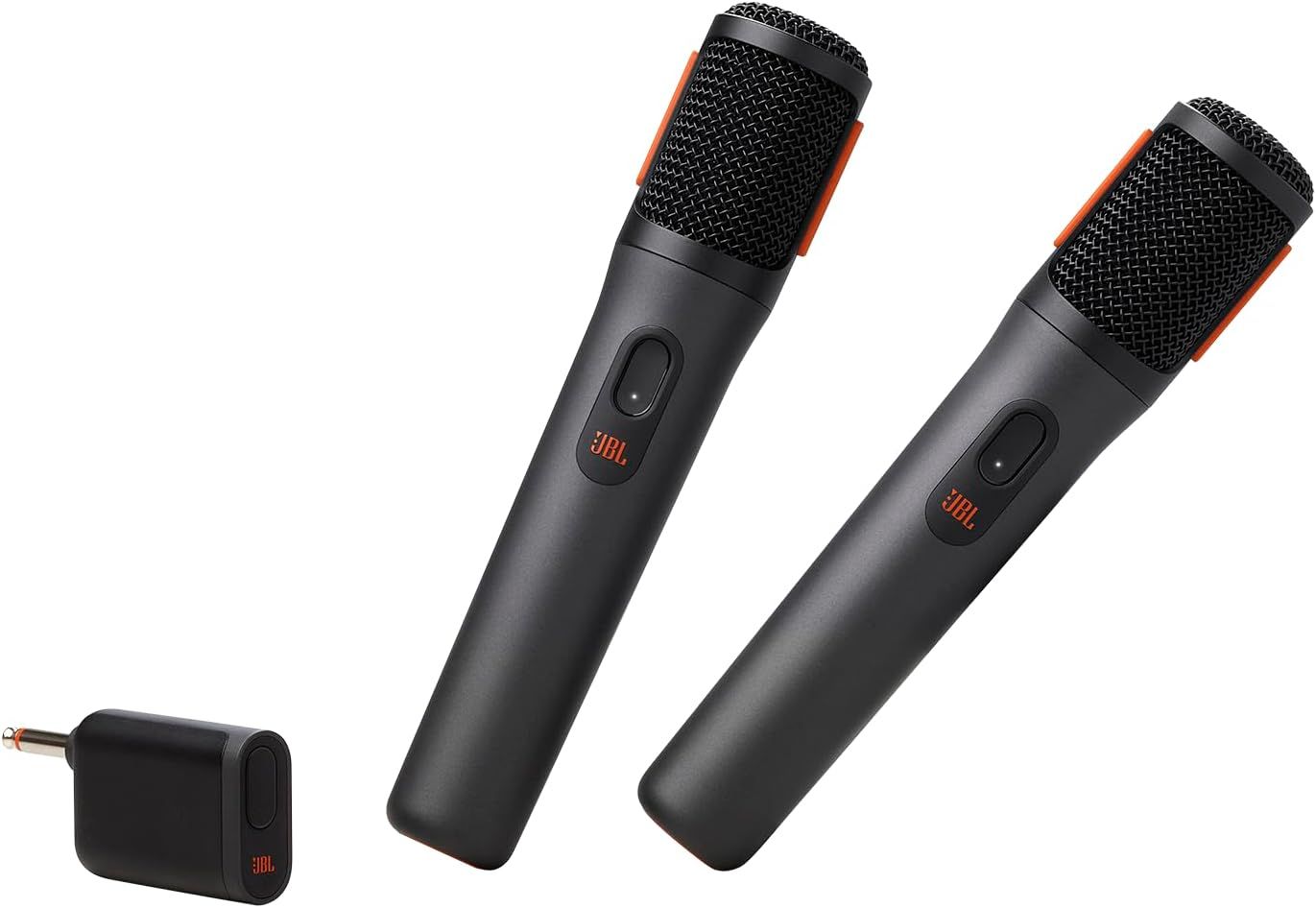 Shows buyers exactly what they will receive: two wireless microphones and a receiver unit, demonstrating the complete package contents.