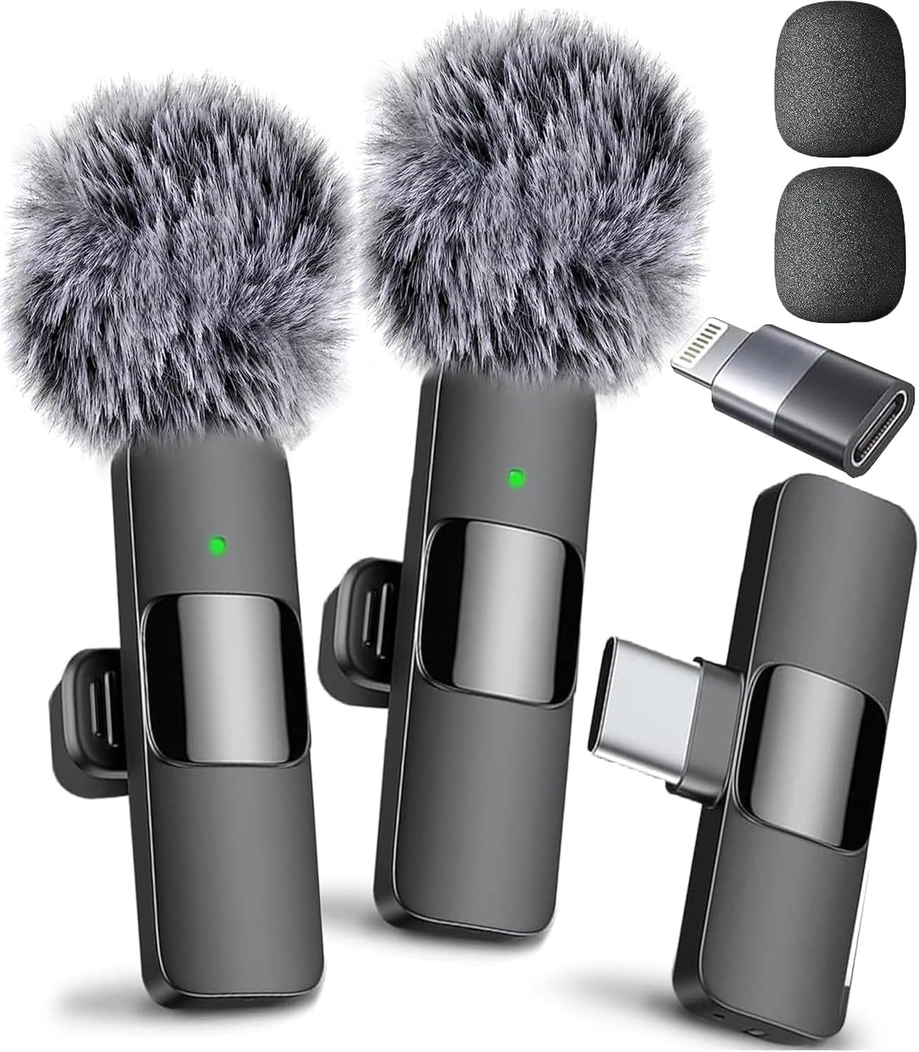 Shows all included items in the package, including microphones with windscreens, foam covers, and multiple connector adapters to demonstrate complete value and compatibility.