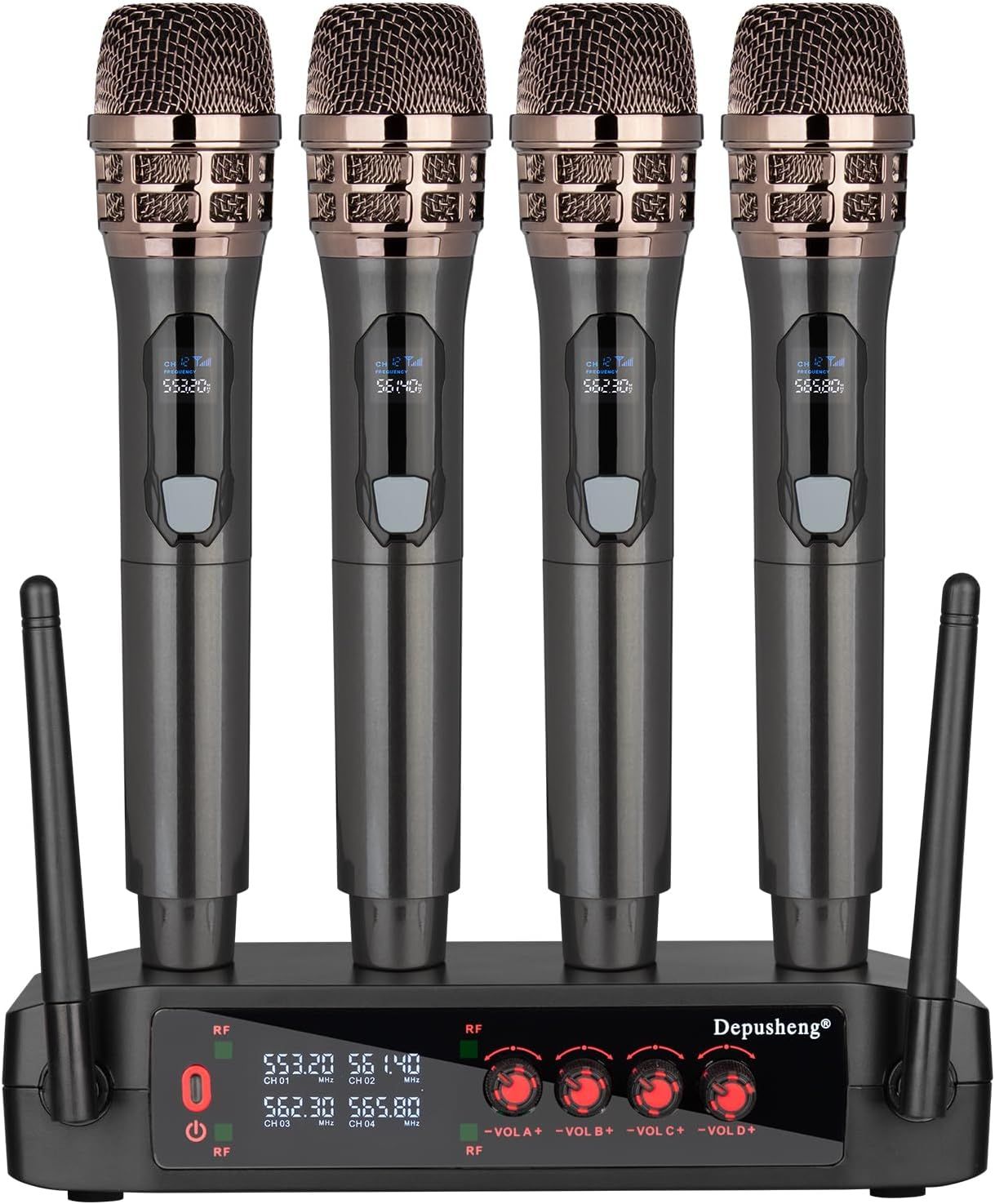 Shows buyers exactly what they will receive: four wireless microphones, a charging/receiver base with digital display, and antennas, demonstrating the complete system setup.