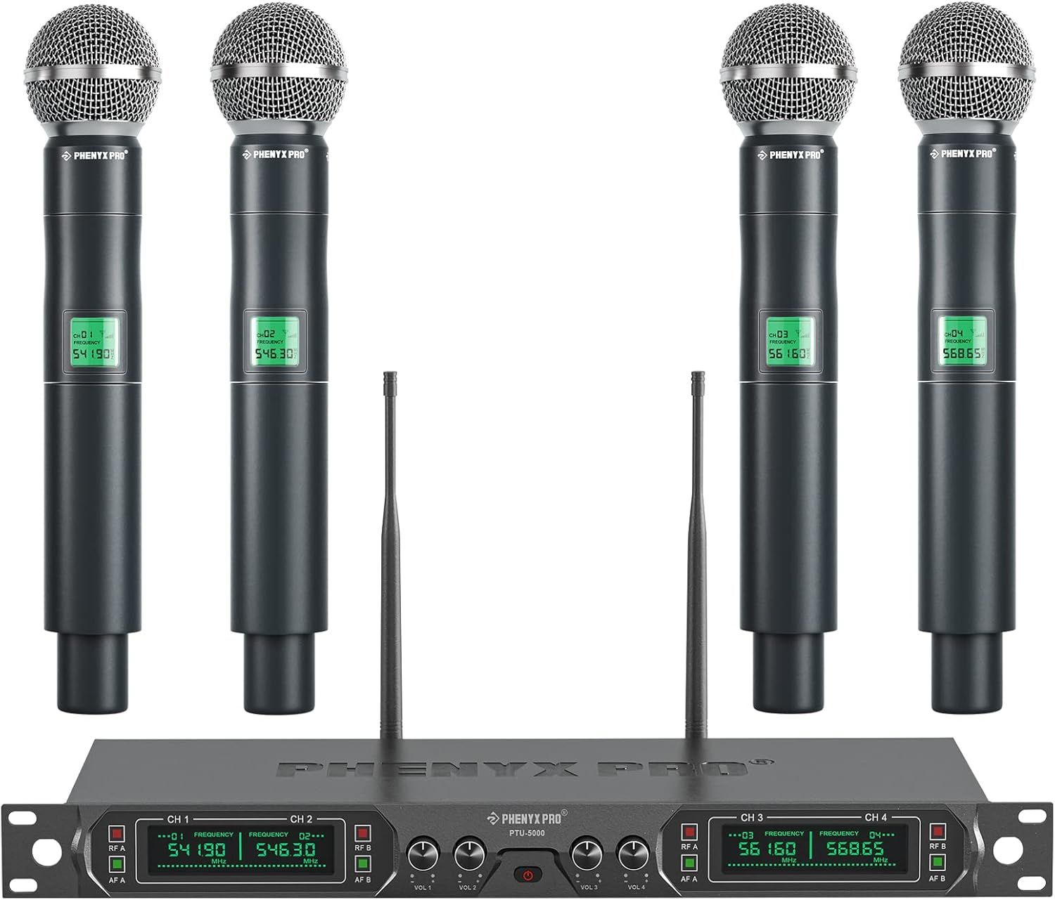 Shows buyers exactly what they will receive: a complete 4-channel wireless microphone system including four handheld microphones with LCD displays and a rack-mountable receiver unit.