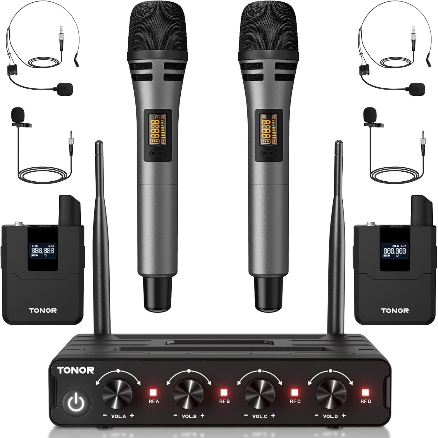 Shows buyers exactly what they will receive: a complete wireless microphone system including receiver base, two handheld mics, two bodypack transmitters, two headset mics, and two lavalier mics.