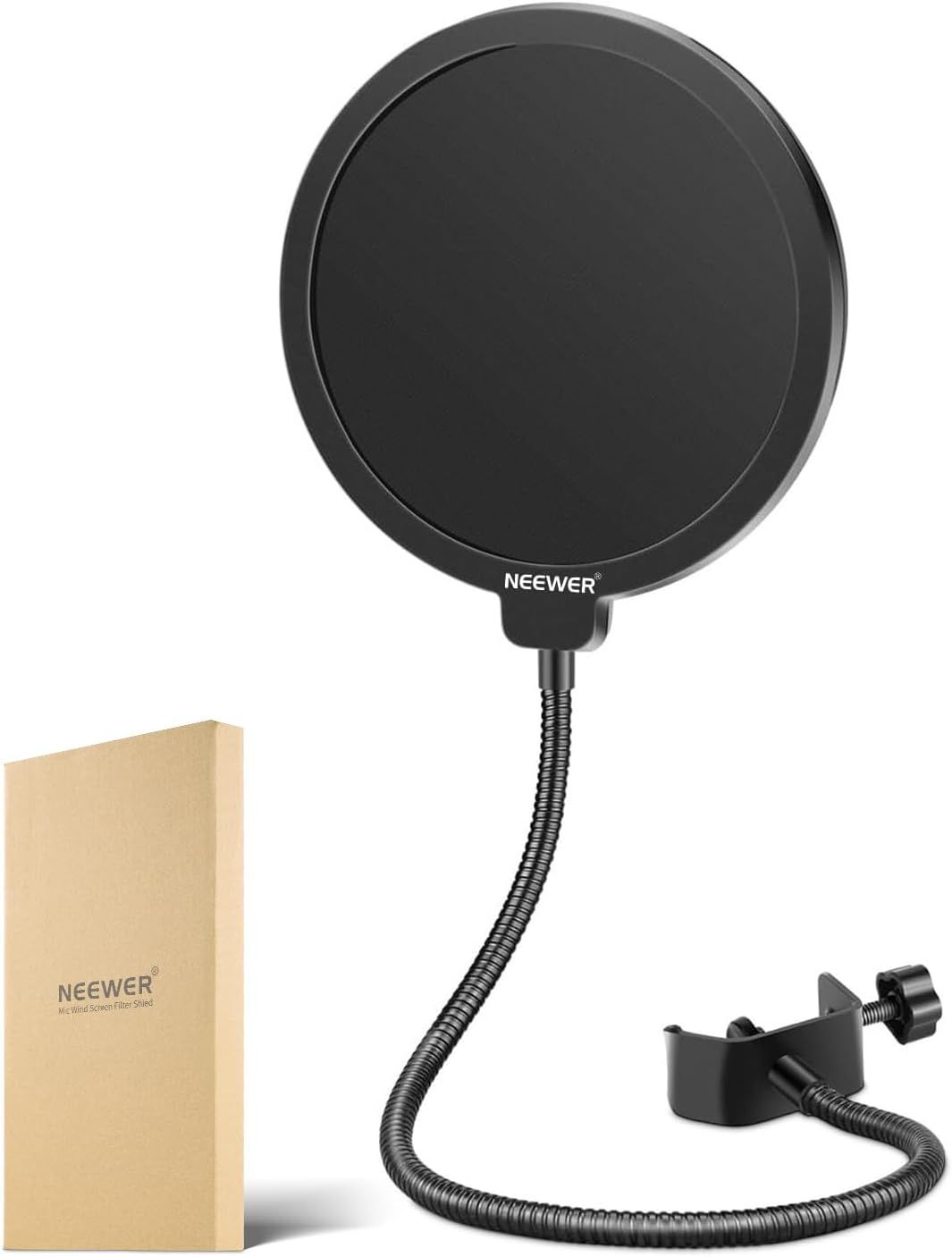 Shows buyers exactly what they will receive: the pop filter with flexible gooseneck arm, mounting clamp, and protective packaging box.