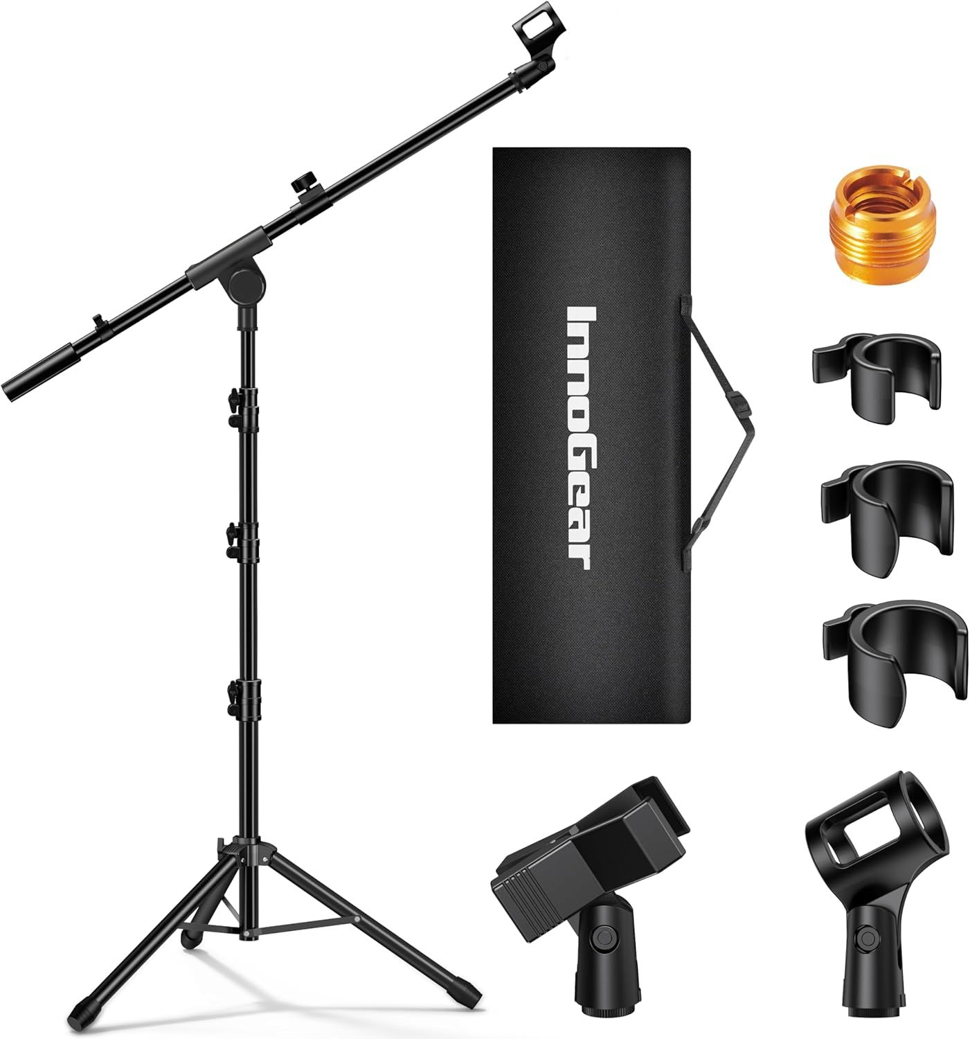 Shows buyers exactly what they will receive in the purchase, including the microphone stand, carrying case, adapters, and clips to demonstrate the complete value of the package.