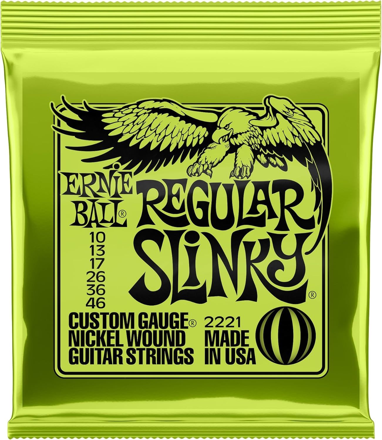 Shows the product in its retail packaging to communicate brand identity and help shoppers identify the specific Ernie Ball Regular Slinky guitar strings they are purchasing.