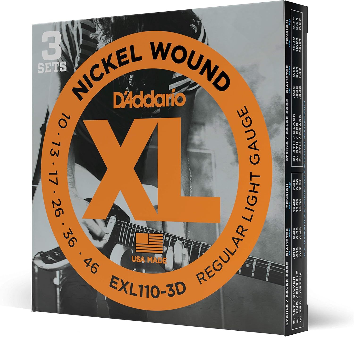 Shows the product in its retail packaging to communicate brand identity, professionalism, and that the purchase includes 3 sets of guitar strings.