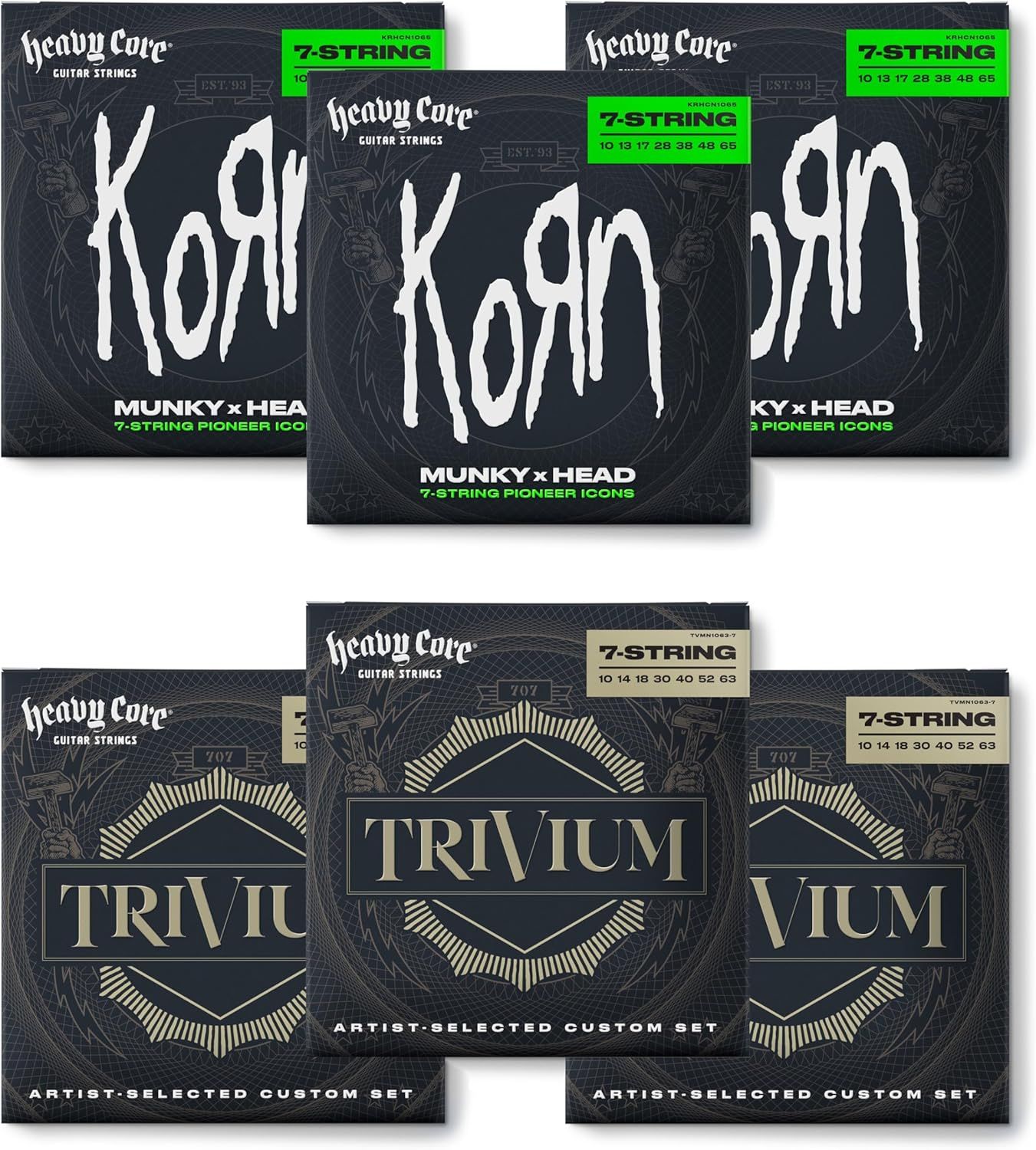 Shows multiple product variations available for purchase, including Korn signature series and Trivium signature series 7-string guitar string sets, helping shoppers understand the different…