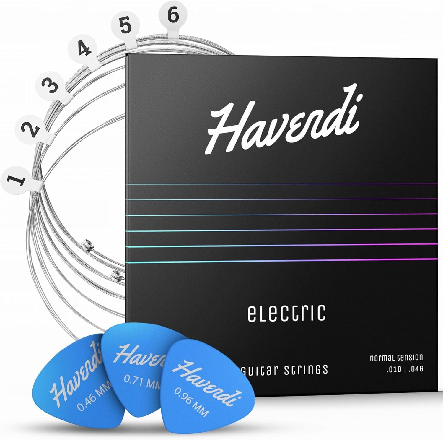Shows buyers exactly what they will receive: a set of electric guitar strings with included guitar picks, clearly displaying all components against a white background.