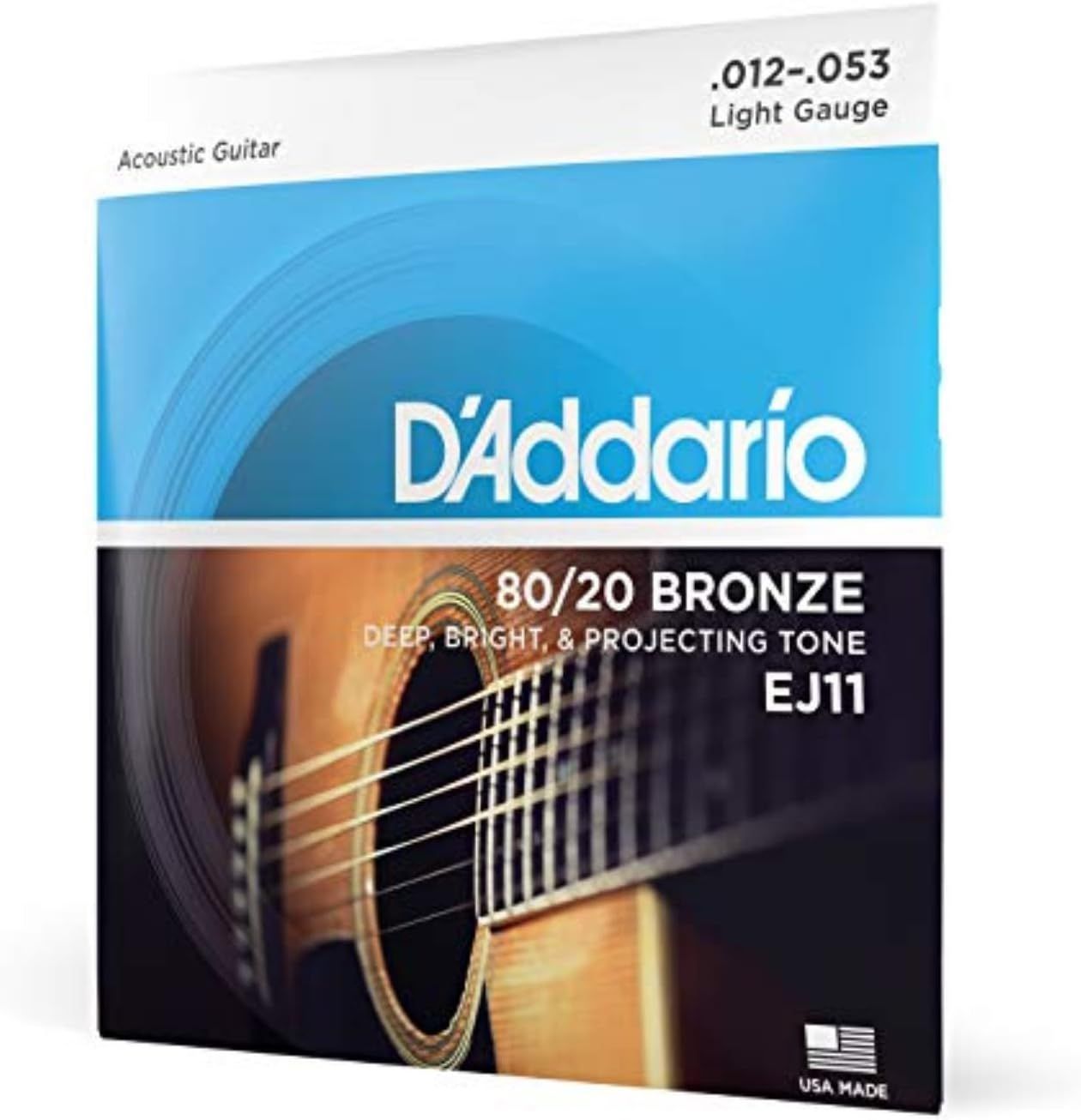 Shows the branded retail packaging to communicate product authenticity, specifications, and professional presentation of D'Addario guitar strings.