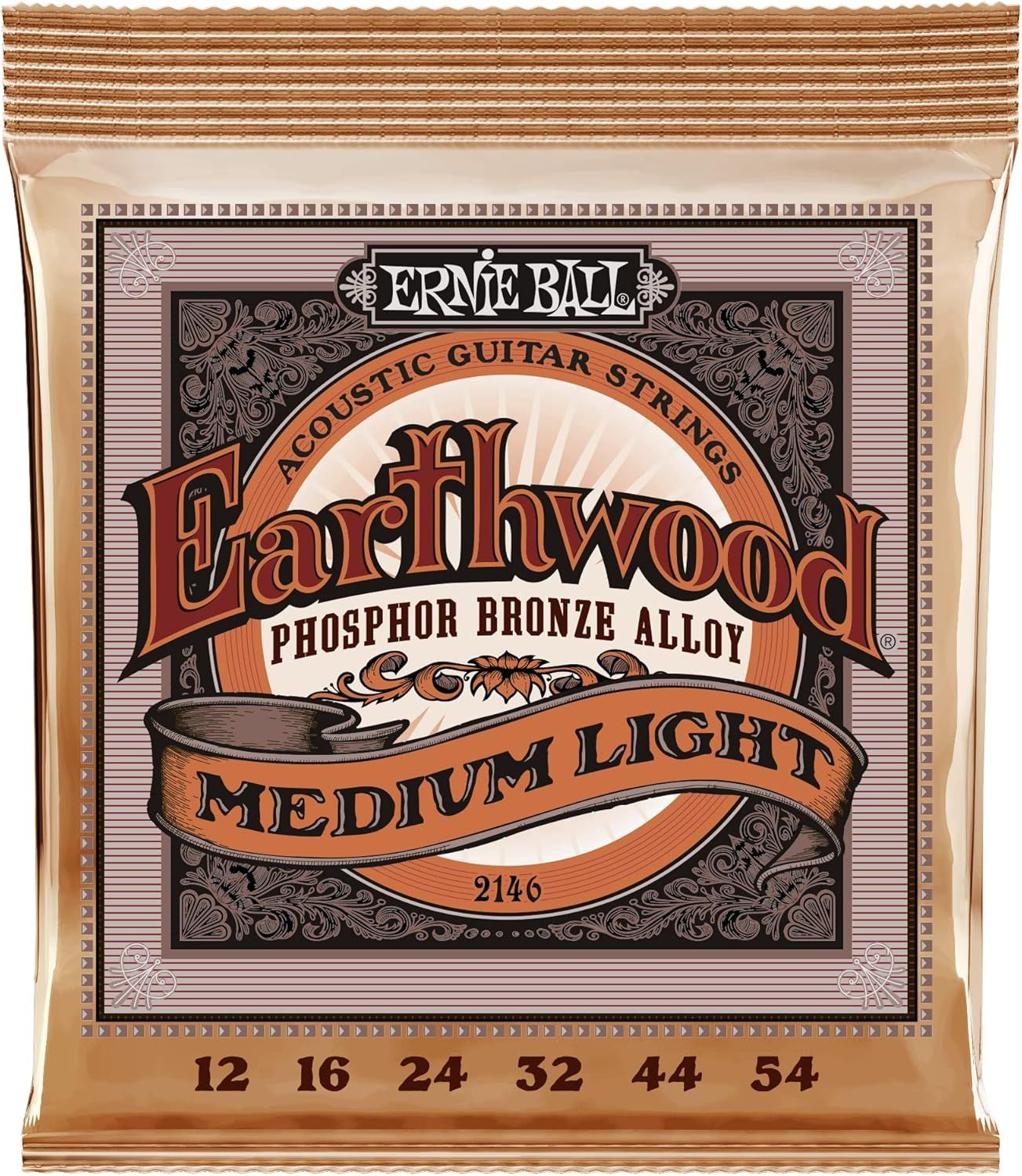 Shows the product in its branded retail packaging to communicate professionalism, authenticity, and what the customer will receive when ordering Ernie Ball Earthwood acoustic guitar strings.