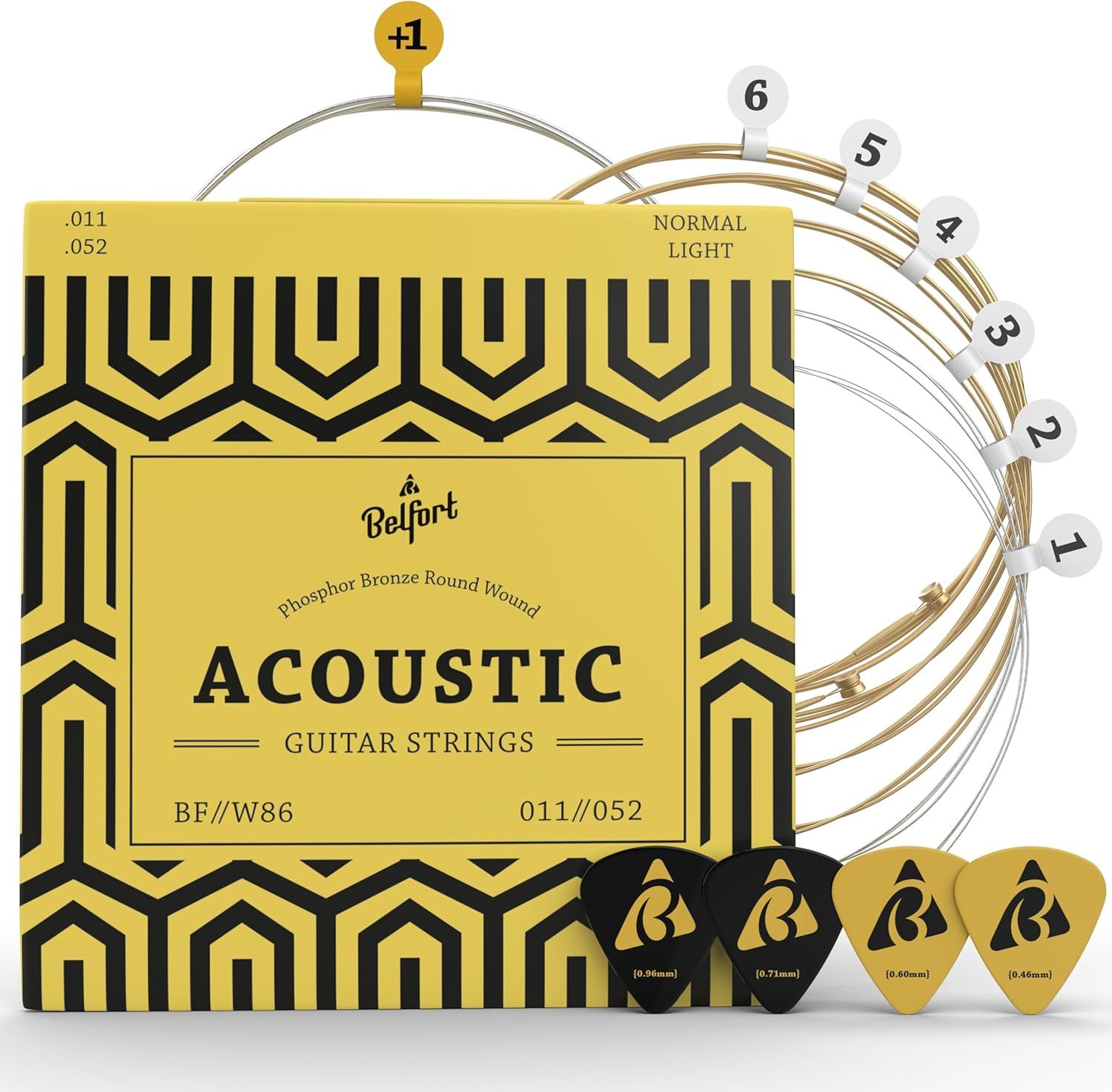 Shows buyers exactly what they will receive: acoustic guitar strings in packaging, individual strings labeled 1-6, and four guitar picks in different colors and thicknesses.