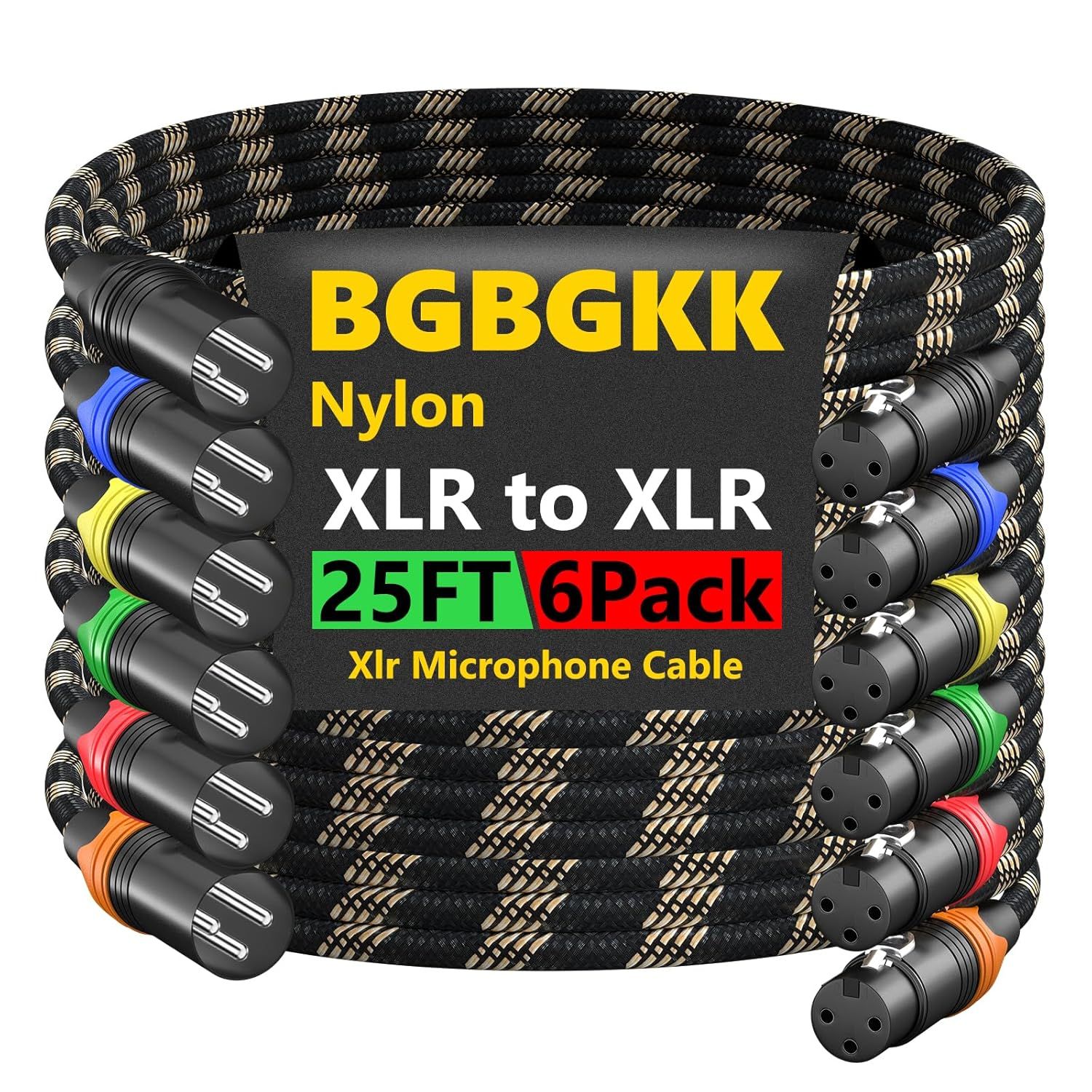 Shows the complete 6-pack of XLR microphone cables with color-coded connectors to help shoppers identify what they will receive and understand the product variety and quality construction.