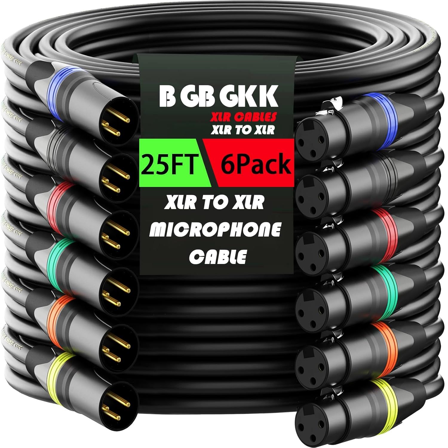 Shows the complete product bundle of six XLR microphone cables with color-coded connectors, allowing shoppers to see exactly what they will receive and identify individual cables easily.