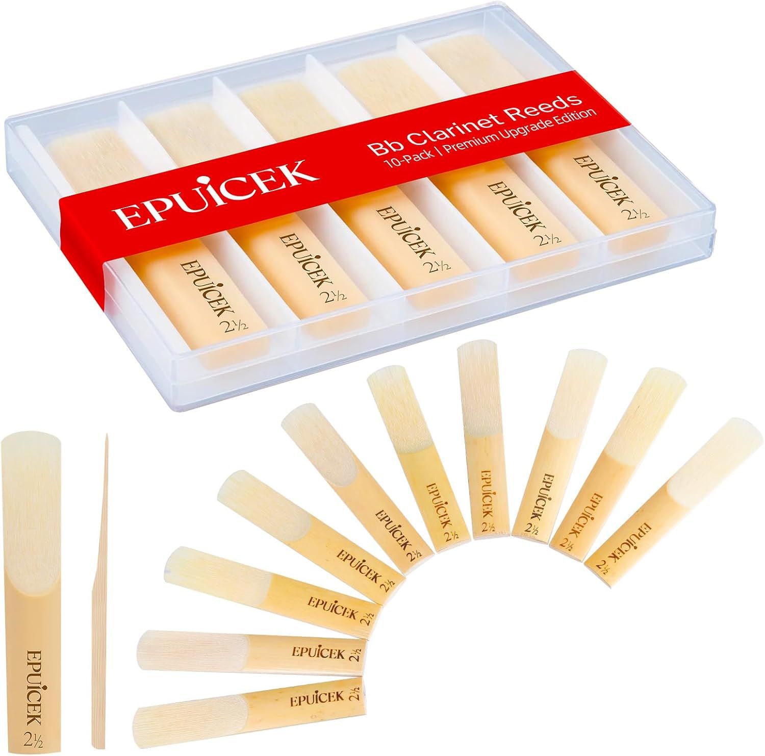 Shows the product in its clear protective case with branded red band to communicate professionalism, organization, and what the customer receives in the box. Displays all 10 clarinet reeds included…