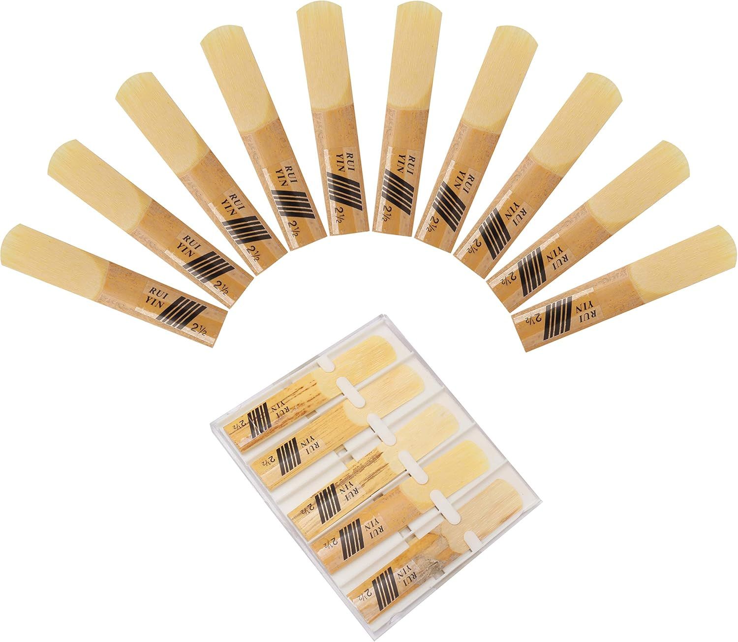 Shows the core product clearly on a white background to help shoppers identify the saxophone or clarinet reeds being sold. Displays all items included in the purchase, showing multiple reeds and the…