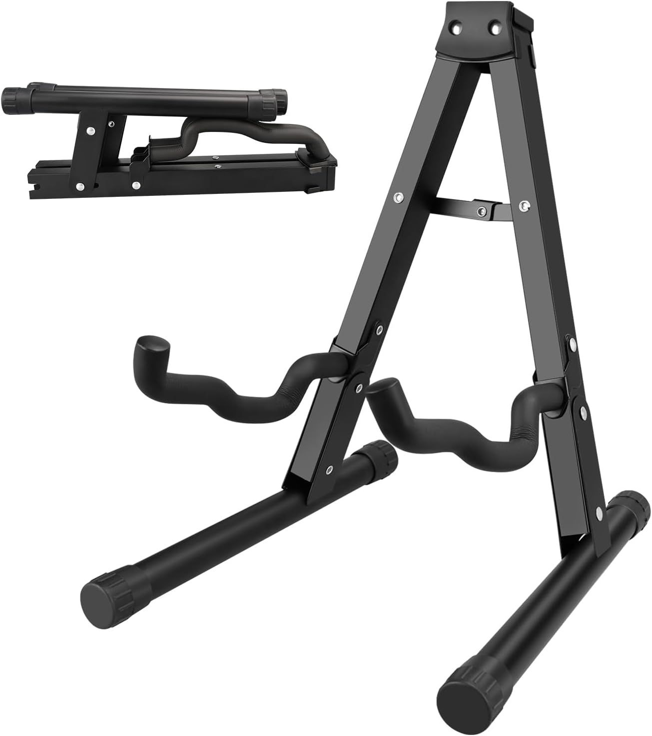 Shows the buyer all included parts and components of the guitar stand, demonstrating what they will receive and how the product can be assembled or folded.