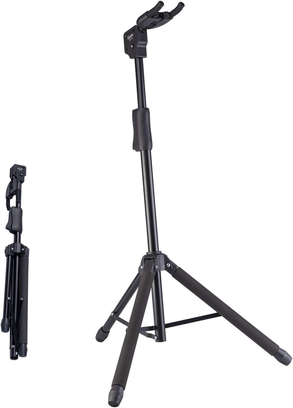 Shows the core product clearly on a white background to help shoppers identify the guitar stand and its adjustable, foldable design. Displays both the assembled stand and its compact folded form to…