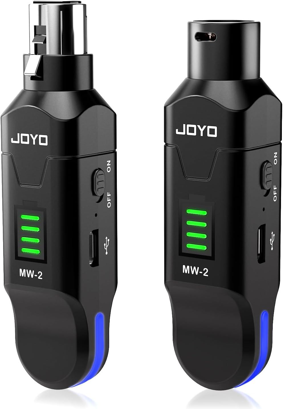 Displays the core product clearly on a white background to help shoppers identify the wireless microphone system and its key features including battery level indicators and charging ports.