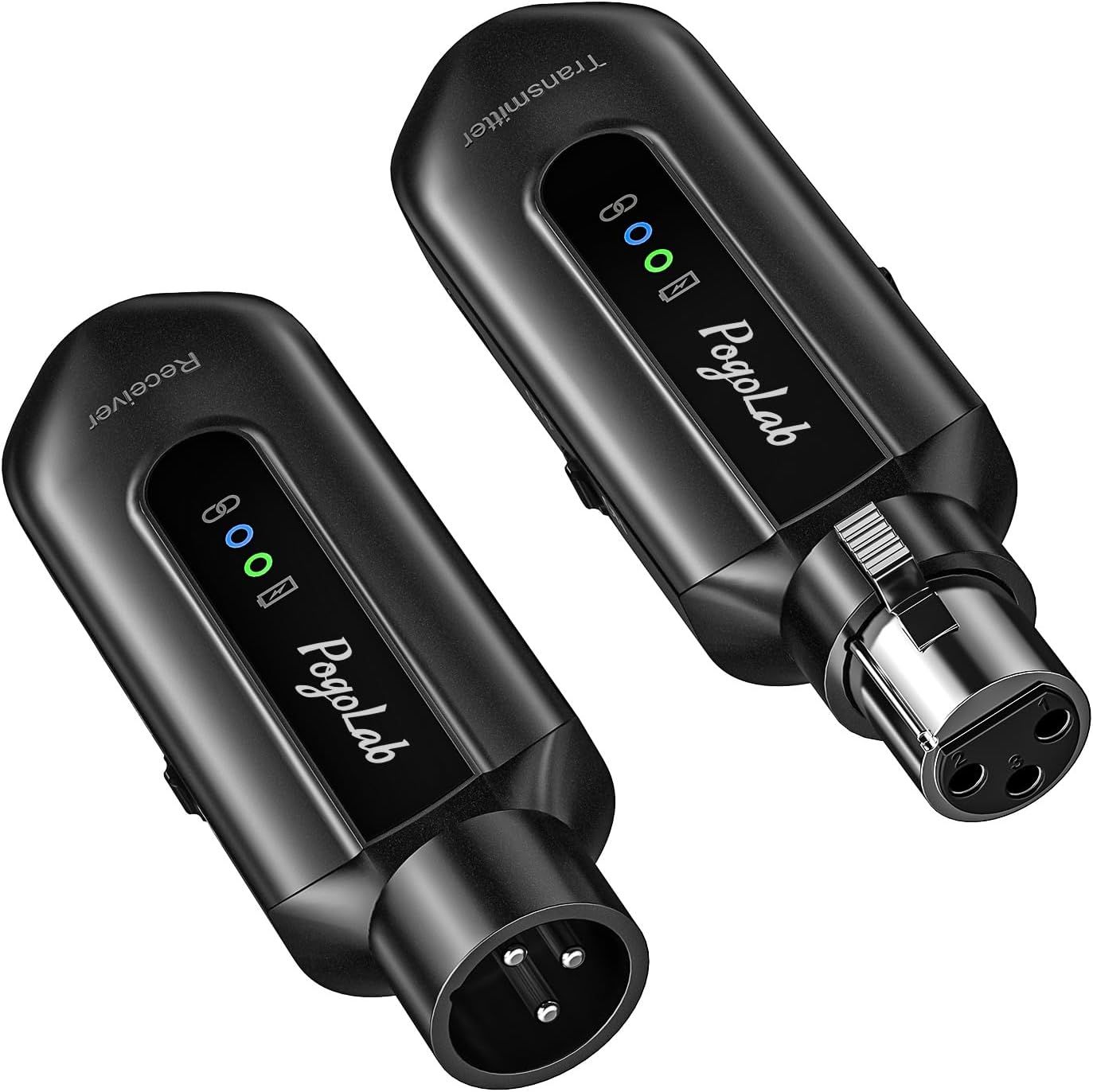 Shows the core product clearly against a white background to help shoppers identify the wireless audio transmitters being sold, including their ports and LED status indicators.