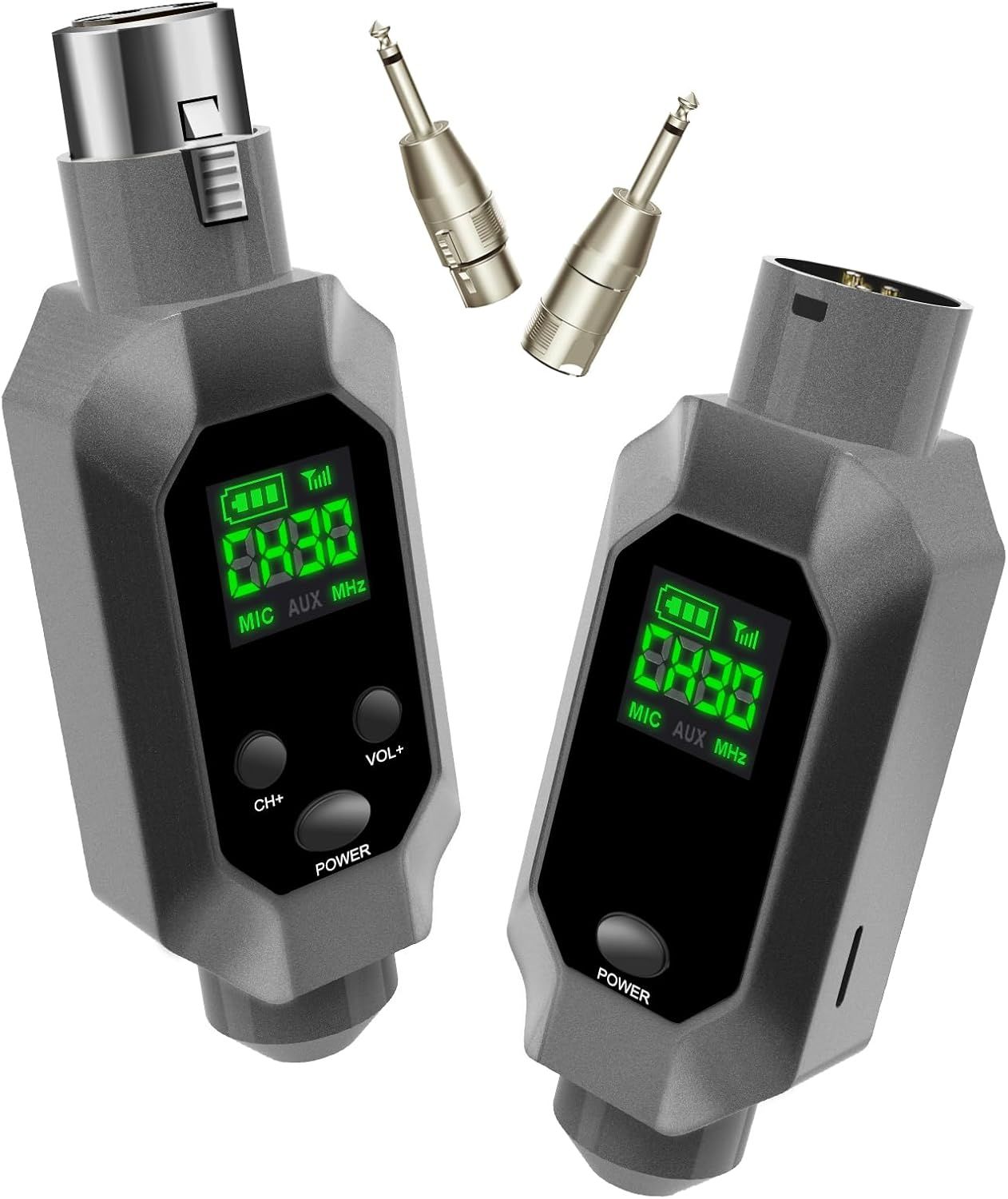 Shows the buyer exactly what is included in the purchase: two wireless audio transmitter/receiver units and two audio jack adapters.