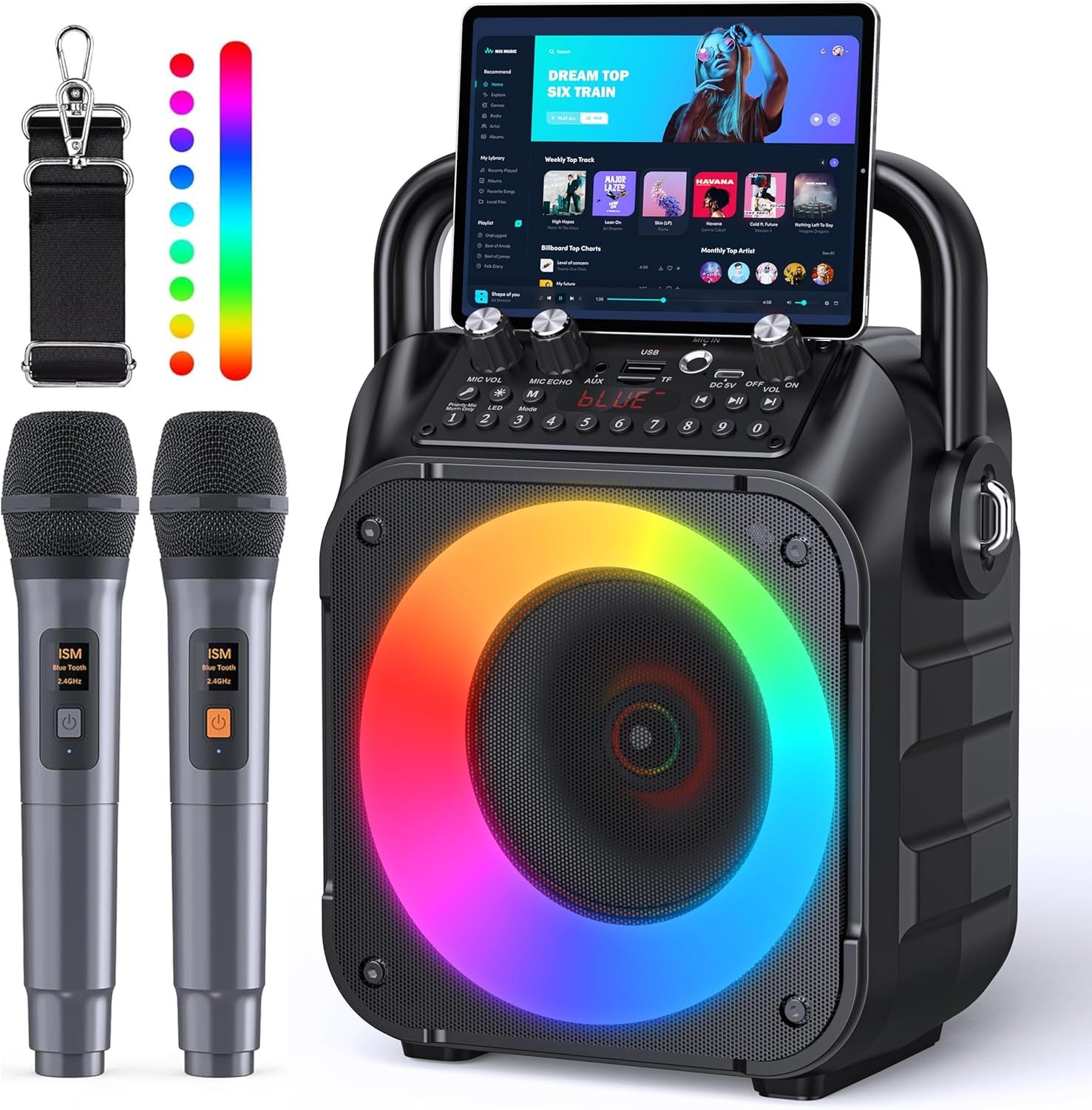 Shows buyers exactly what they will receive: a portable karaoke speaker, two wireless microphones, a carrying strap, and a tablet holder, demonstrating the complete package contents.