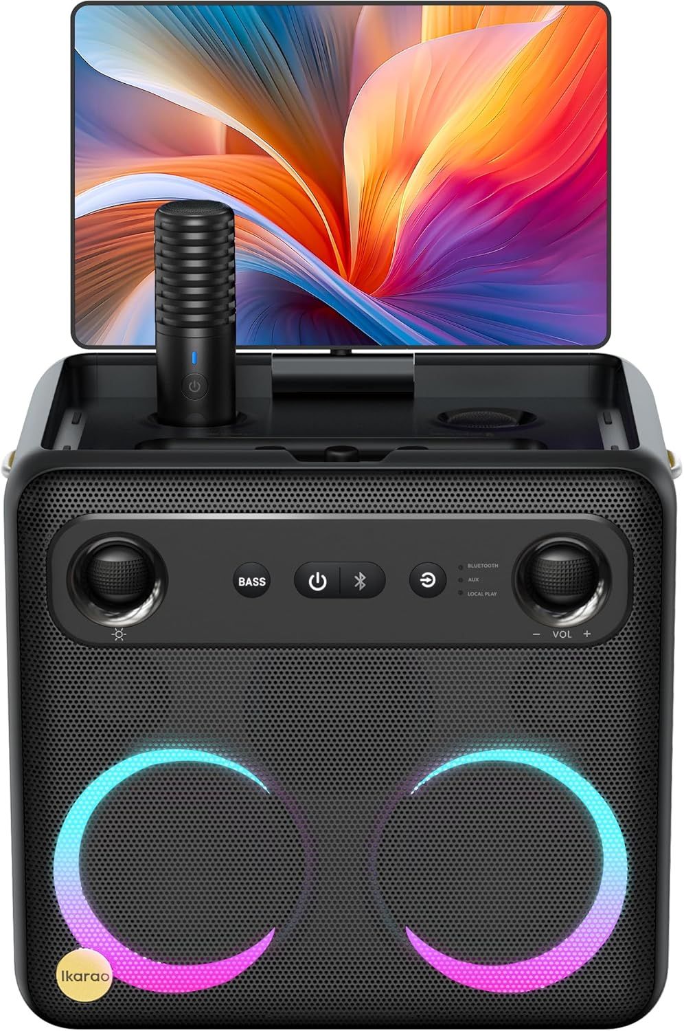 Shows the complete karaoke speaker system with integrated tablet stand and wireless microphone to communicate the all-in-one entertainment solution for buyers.