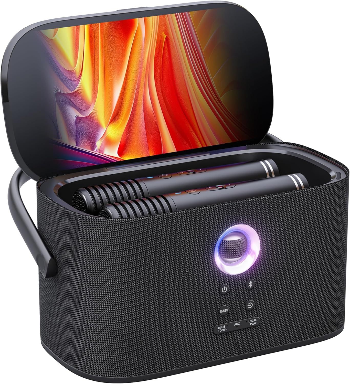 Shows the buyer exactly what is included in the purchase: the speaker case with two wireless microphones stored inside, demonstrating the complete karaoke system package.
