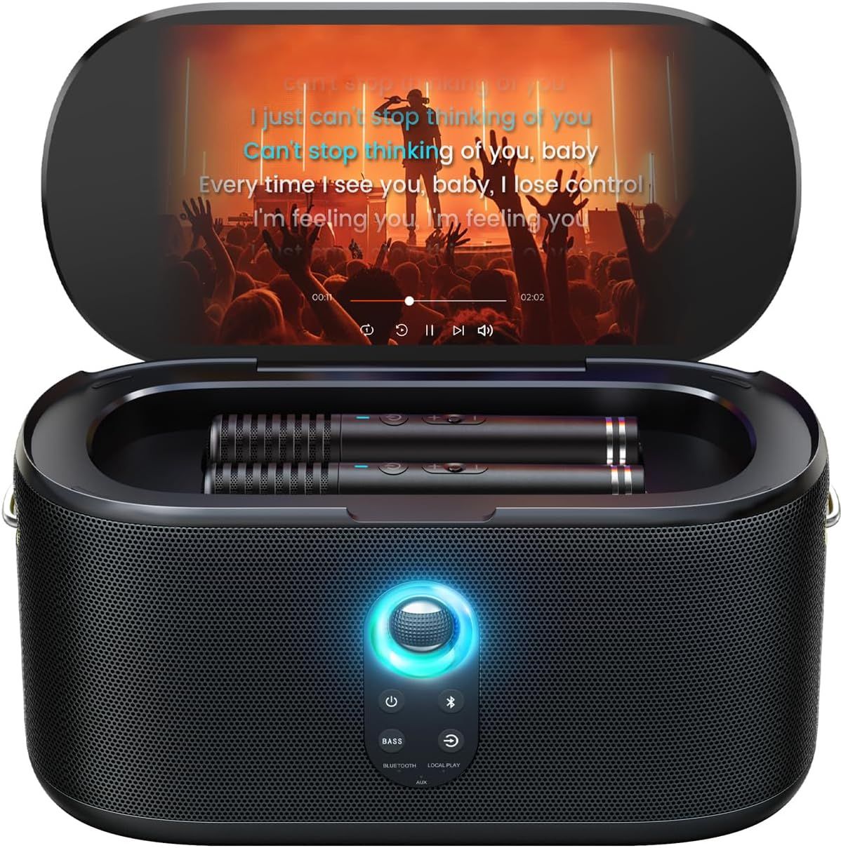 Shows the buyer exactly what is included in the purchase: the karaoke speaker system with built-in screen and two wireless microphones stored in the device.