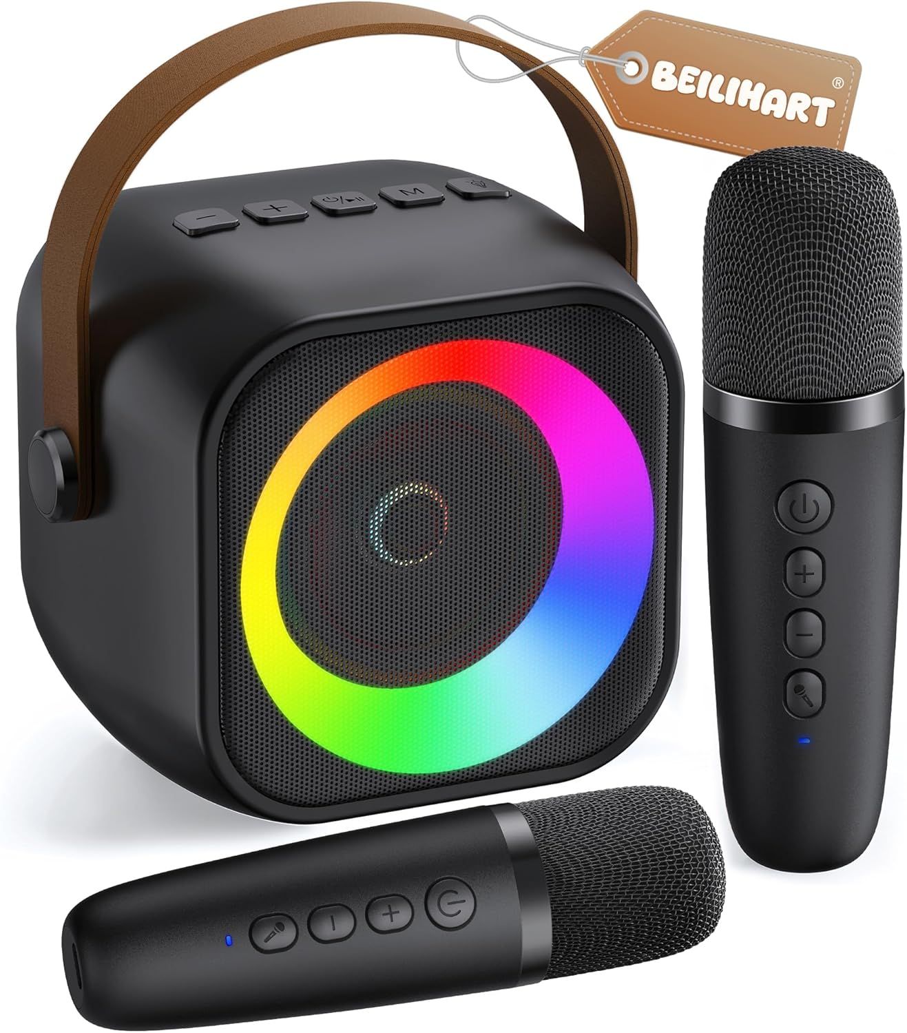 Shows buyers exactly what they will receive: a portable speaker with LED lights, two wireless microphones, and a carrying handle, demonstrating the complete karaoke package included in the purchase.
