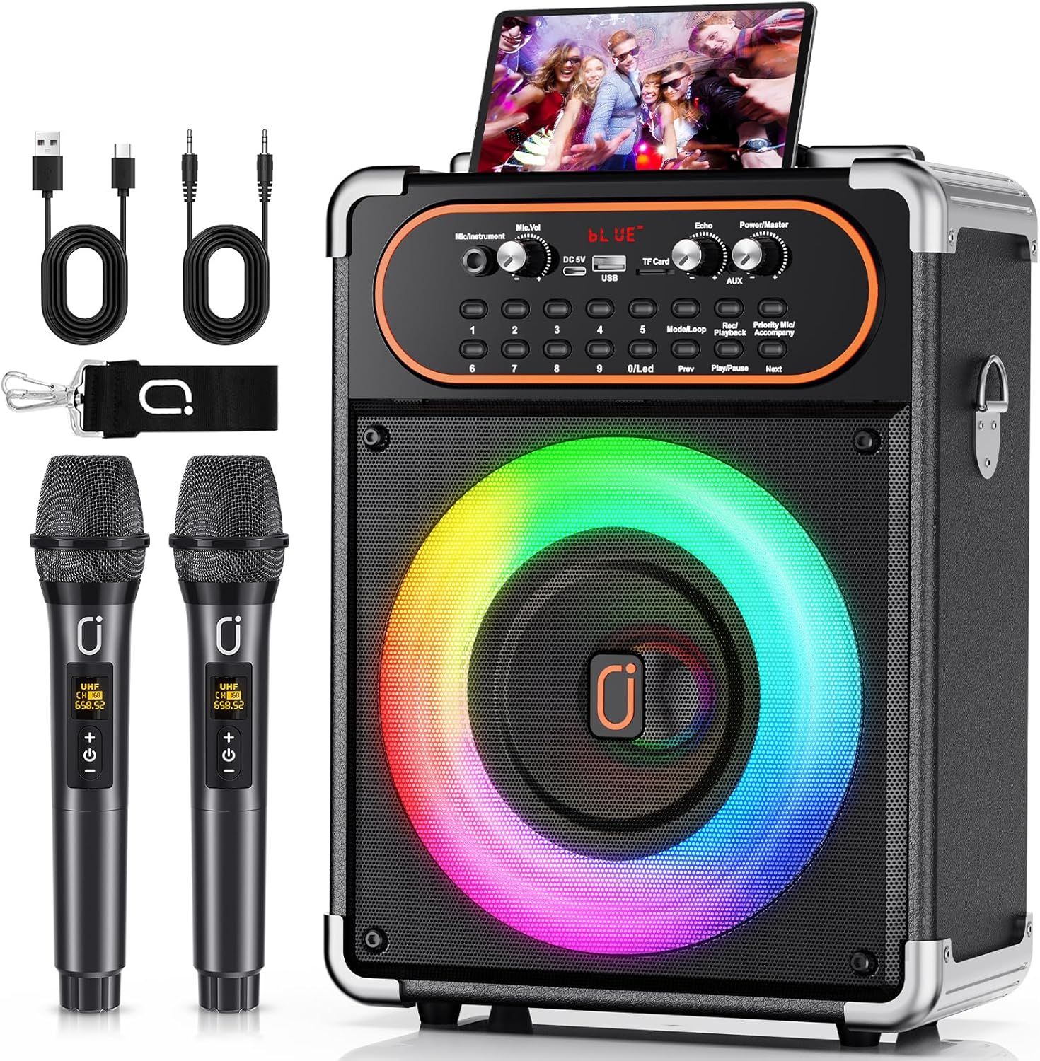 Shows buyers exactly what they will receive in the box, including the main speaker unit, two wireless microphones, connecting cables, and remote control to demonstrate the complete karaoke system…