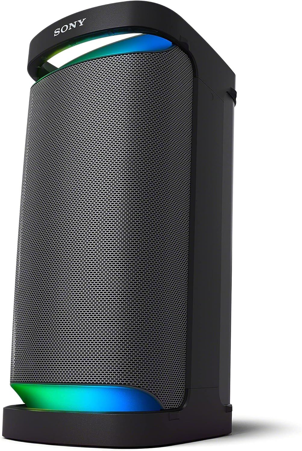Displays the Sony portable speaker clearly on a white background to show its cylindrical design, mesh grille, LED lighting feature, and handle for easy identification and compliance with platform…