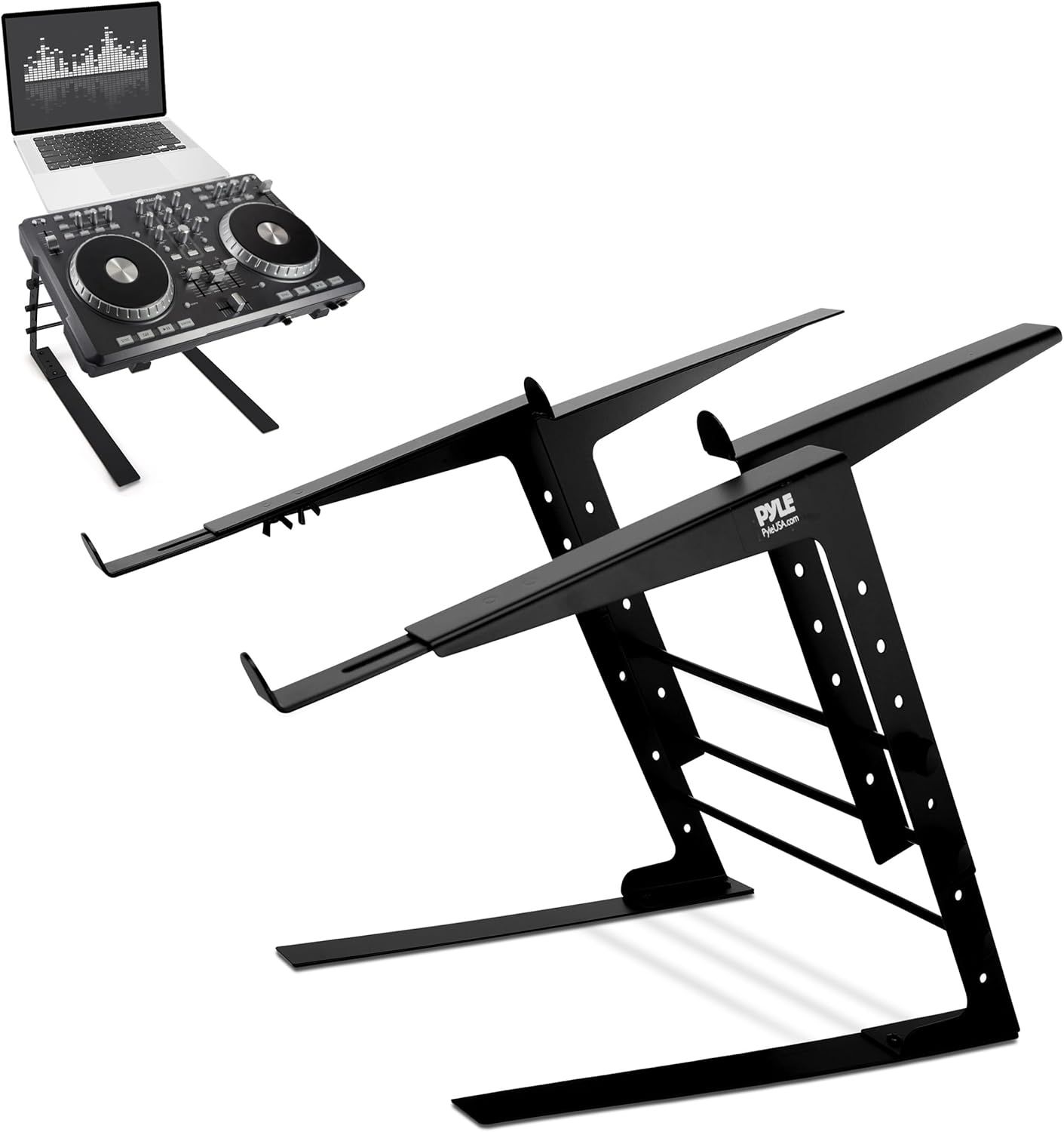 Shows the core product clearly on a white background to help shoppers identify the DJ laptop and controller stand with its adjustable dual-tier configuration.