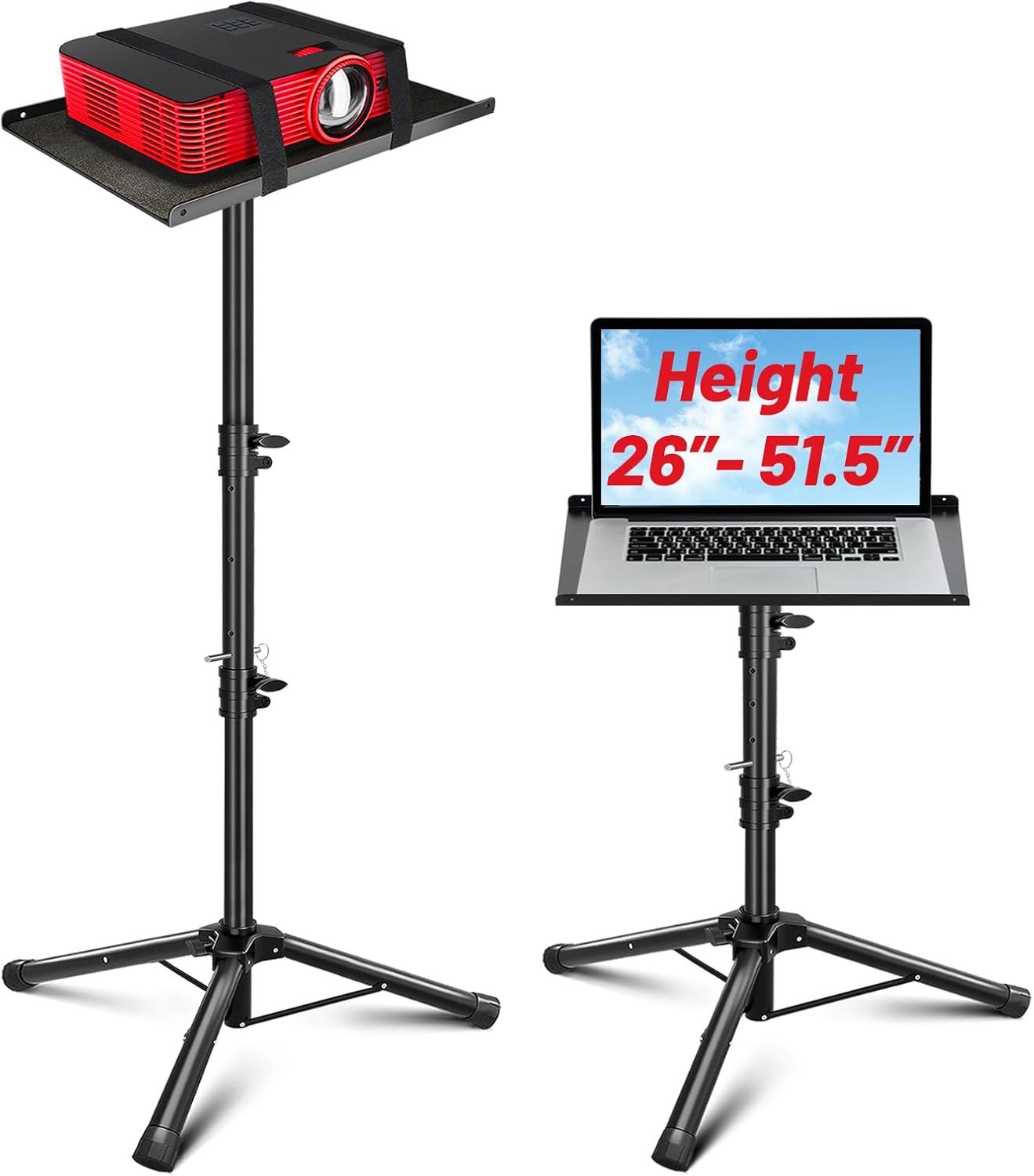 Shows the core product clearly with two usage configurations to demonstrate its adjustable height feature and versatility for holding both projectors and laptops.