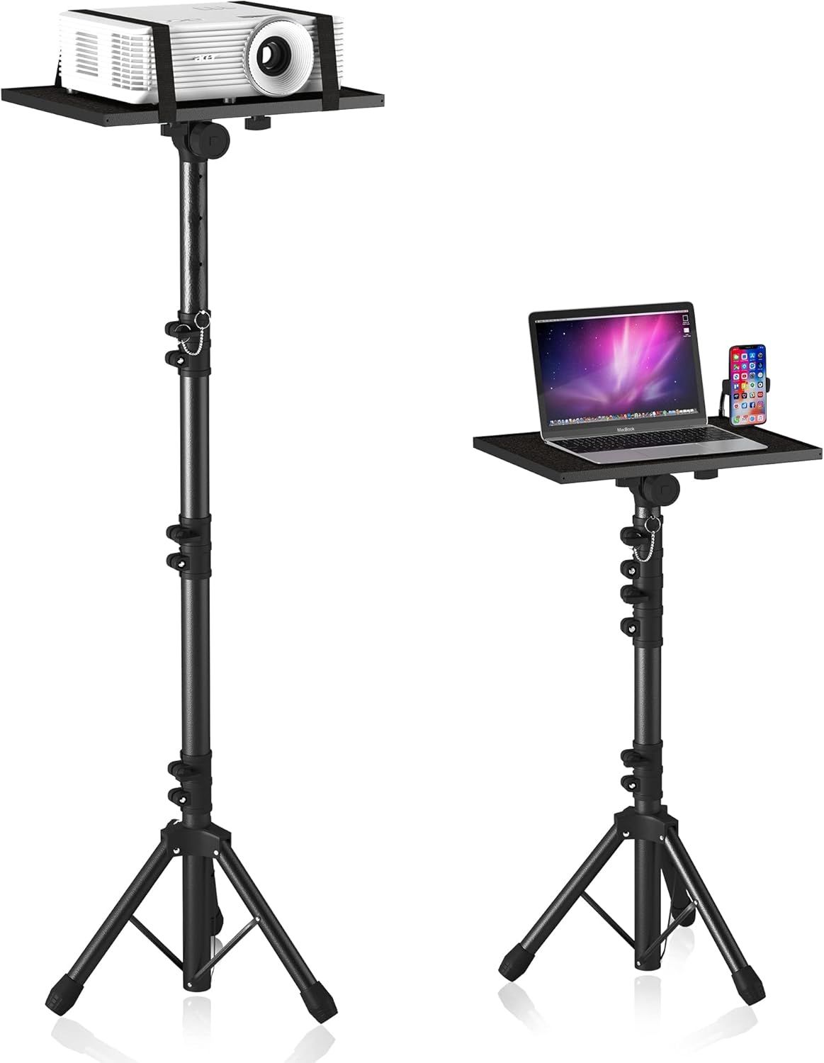 Shows the core product clearly on a white background, displaying two adjustable tripod stands with trays that can hold a projector or laptop, demonstrating versatility and height adjustment…