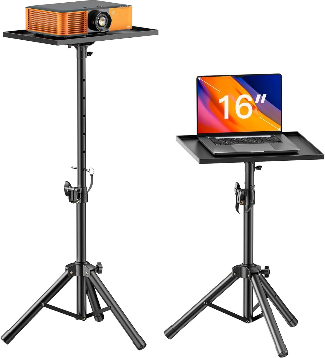 Shows the complete product setup with two adjustable tripod stands designed to hold a projector and laptop, demonstrating the versatility and functionality of the stand system for presentations or…