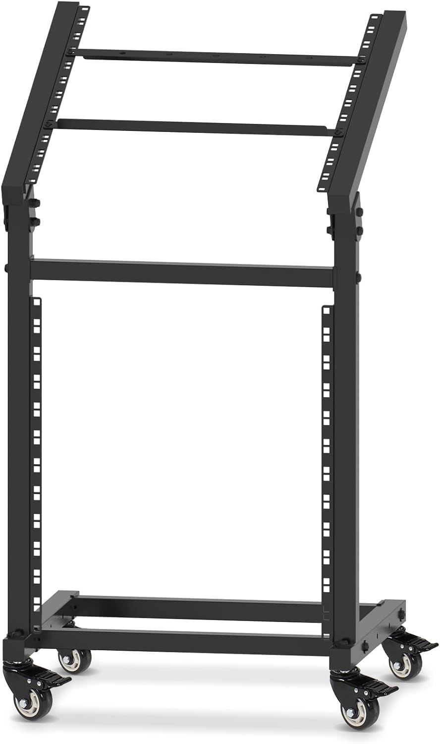 Shows the core product clearly on a white background to help shoppers identify the rack stand with adjustable mounting holes and mobility features.