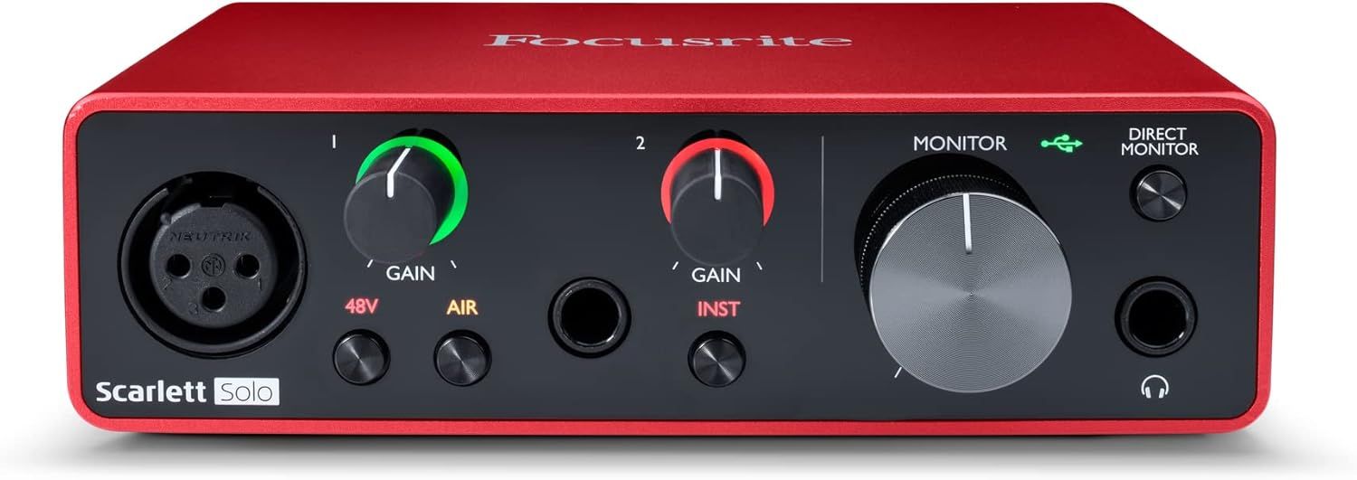 Shows the Focusrite Scarlett Solo audio interface clearly against a white background to help shoppers identify the product and its professional control layout.