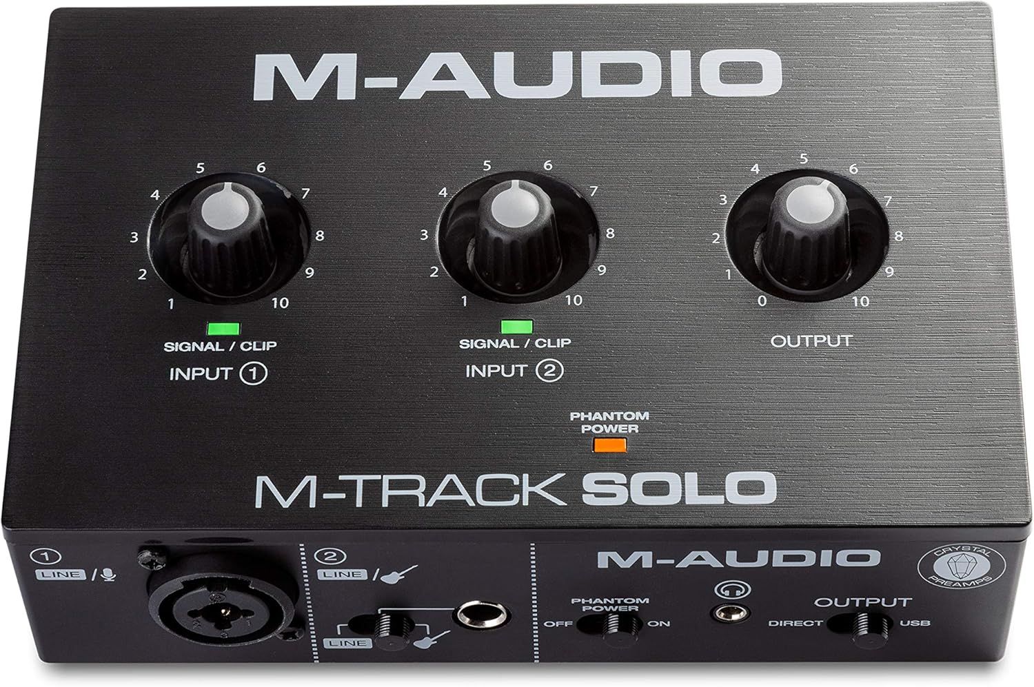 Displays the M-Audio M-Track Solo audio interface clearly on a white background to show the product design, control layout, and branding for easy identification in search results.
