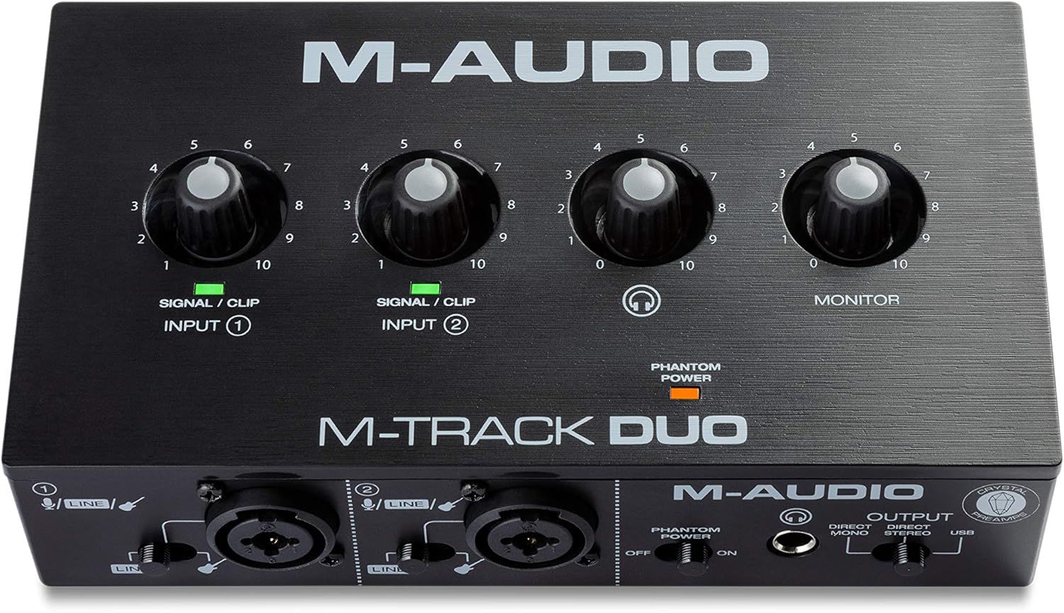 Shows the M-Audio M-Track Duo audio interface clearly on a white background to help shoppers identify the product and its key features including dual inputs, gain controls, and monitoring options.