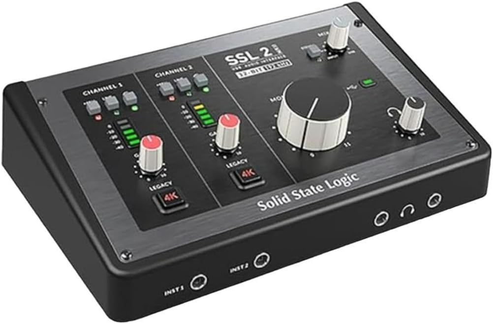 Displays the SSL 2 audio interface clearly against a white background to help shoppers identify the core product and its professional control features.