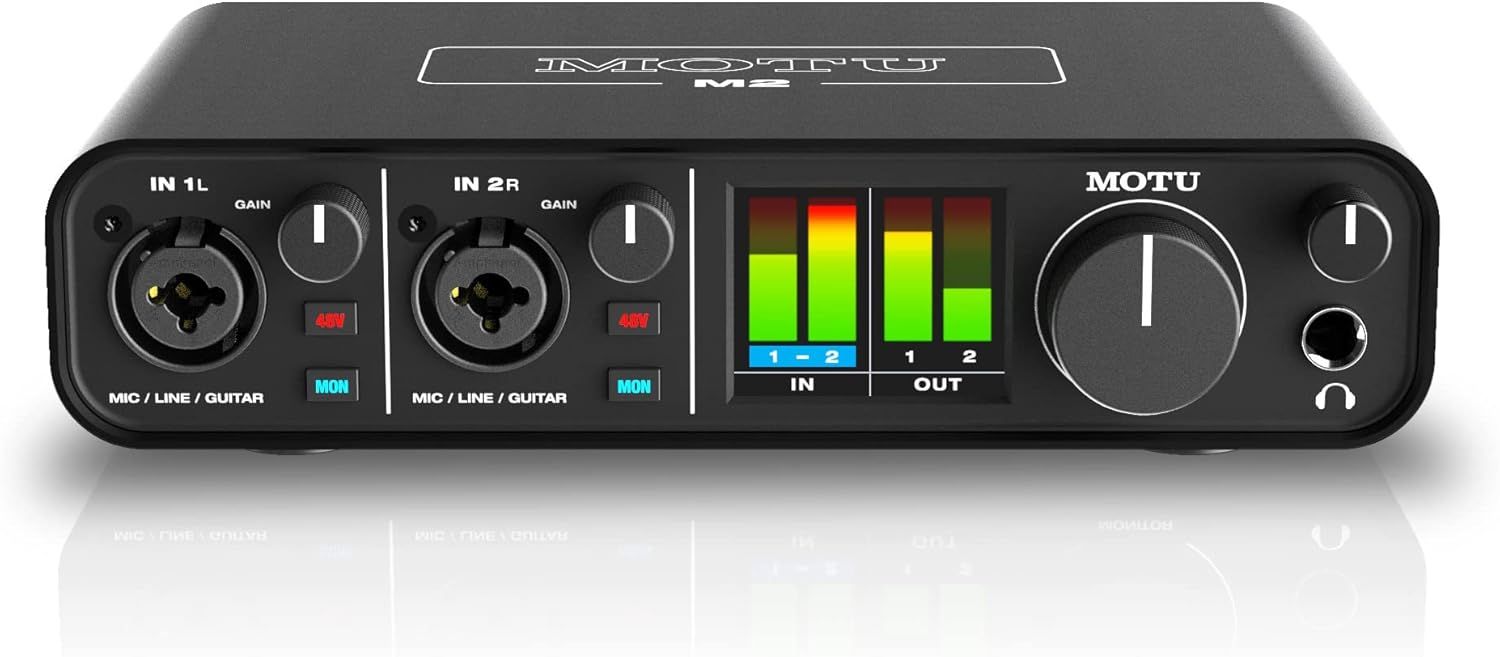 Shows the core product clearly against a white background to help shoppers identify the audio interface and its key features including dual inputs, level meters, and control knobs.