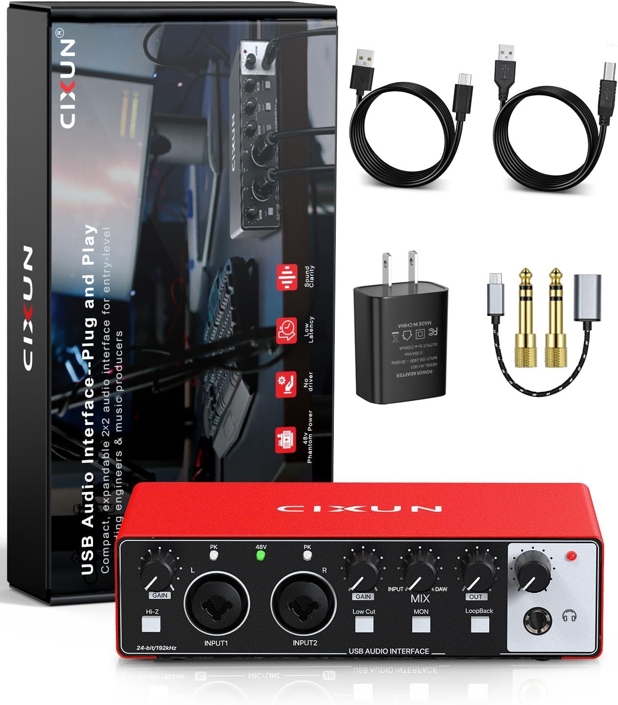 Shows buyers exactly what they will receive in the box including the USB audio interface, cables, power adapter, and audio adapters.