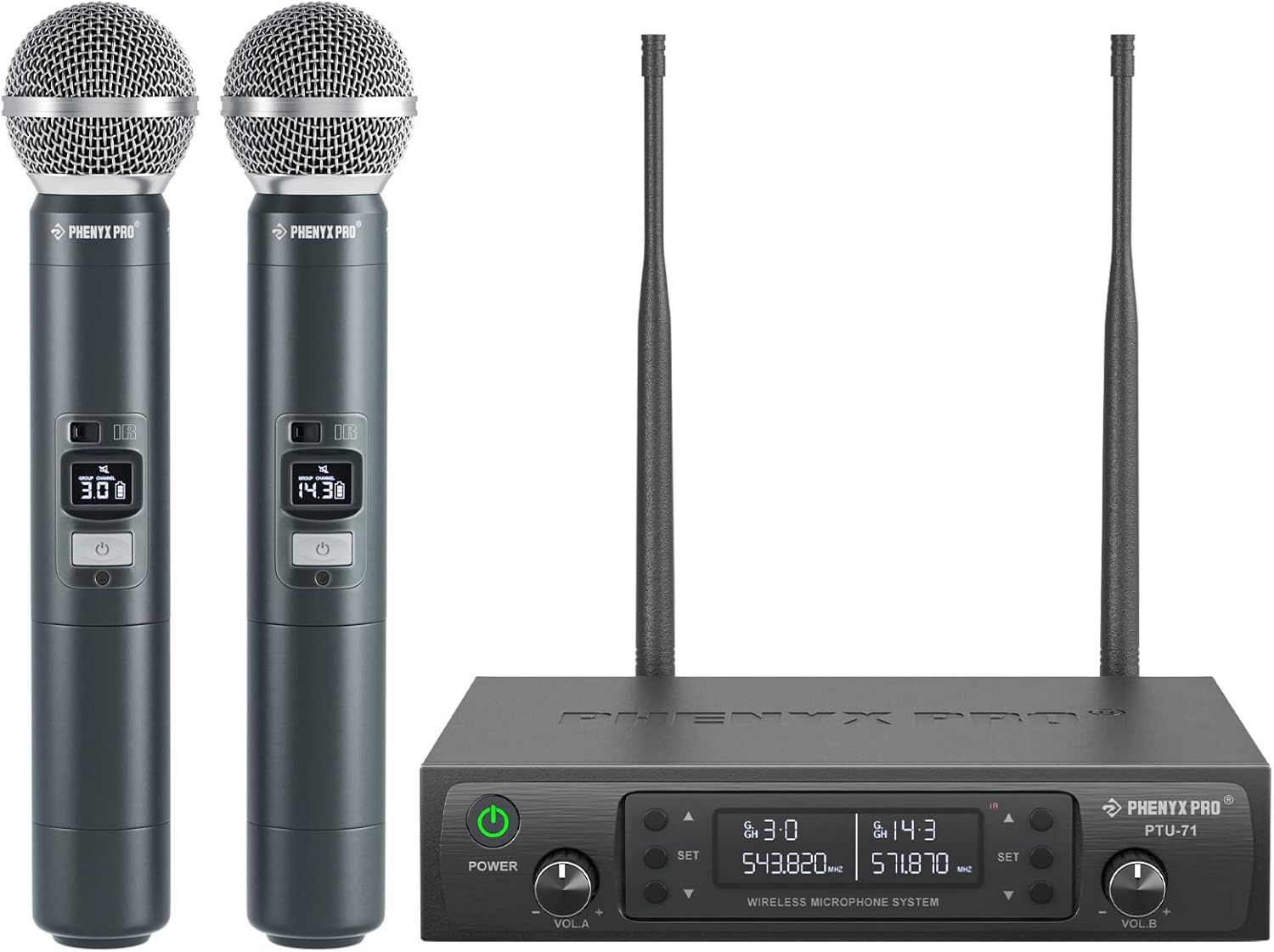 Shows buyers exactly what they will receive: two wireless microphones and a receiver base unit with dual antennas, demonstrating the complete system included in the purchase.