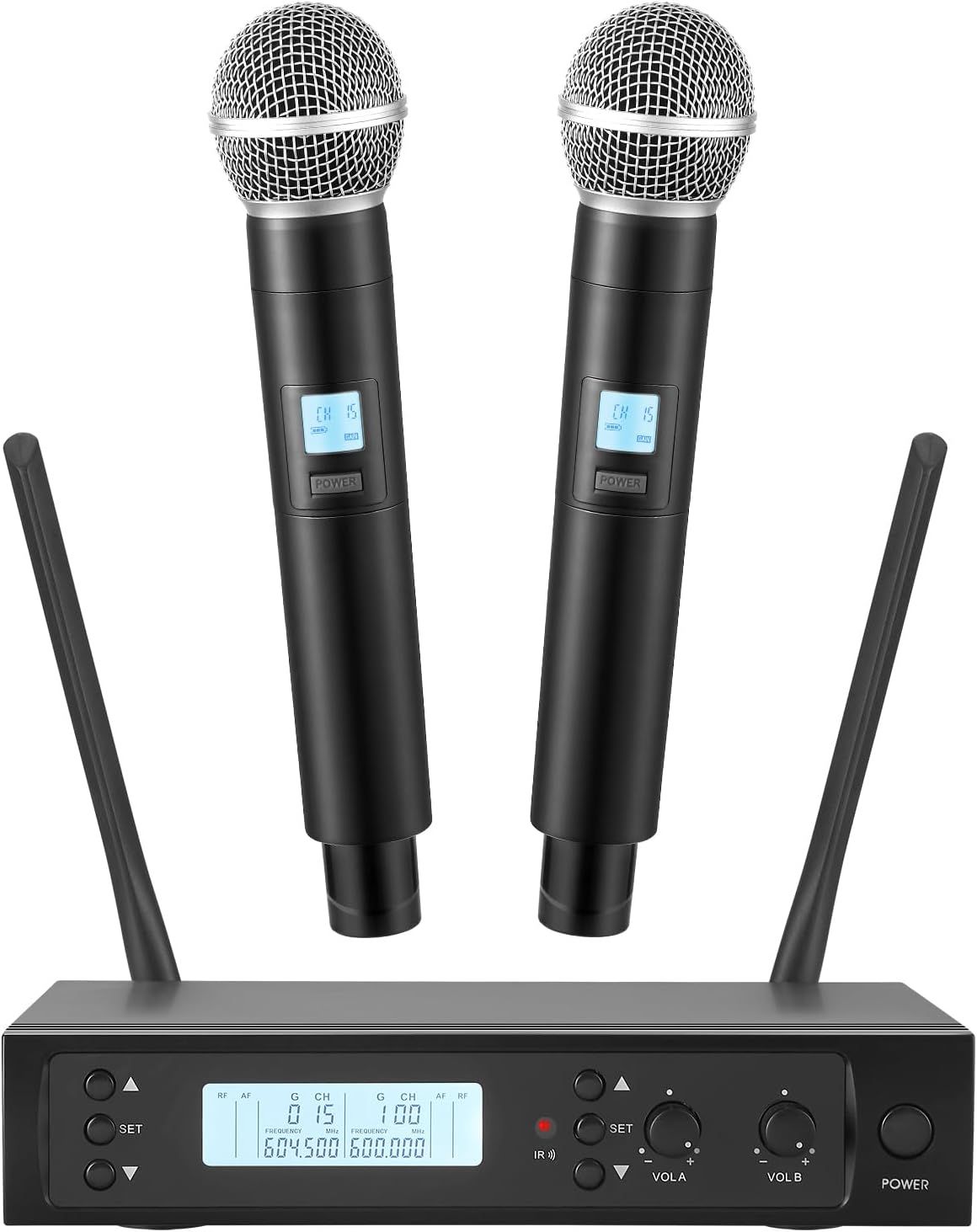 Shows buyers exactly what they will receive: two wireless handheld microphones with LCD displays and a dual-channel receiver base with antennas.