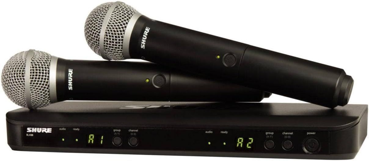 Shows the buyer all components included in the wireless microphone system: two handheld microphones and the receiver base unit.